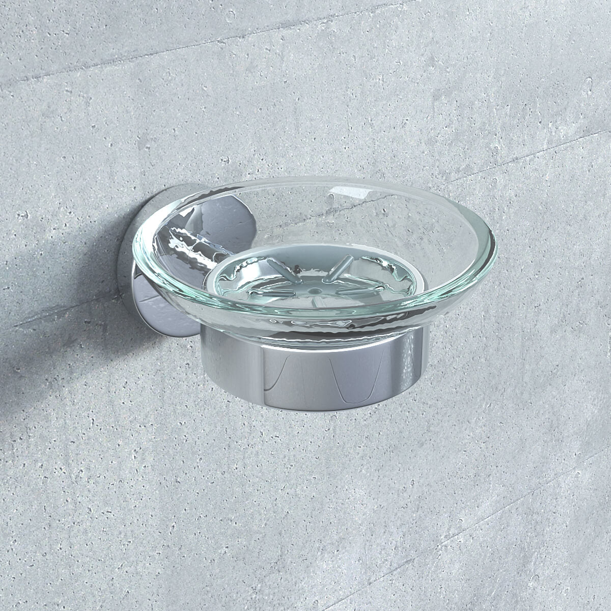 Contemporary round glass soap dish by Grohe Essentials, 110x110mm, with sleek slimline design and clear glass finish.