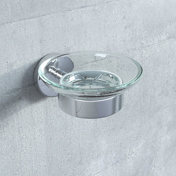 Contemporary round glass soap dish by Grohe Essentials, 110x110mm, with sleek slimline design and clear glass finish.