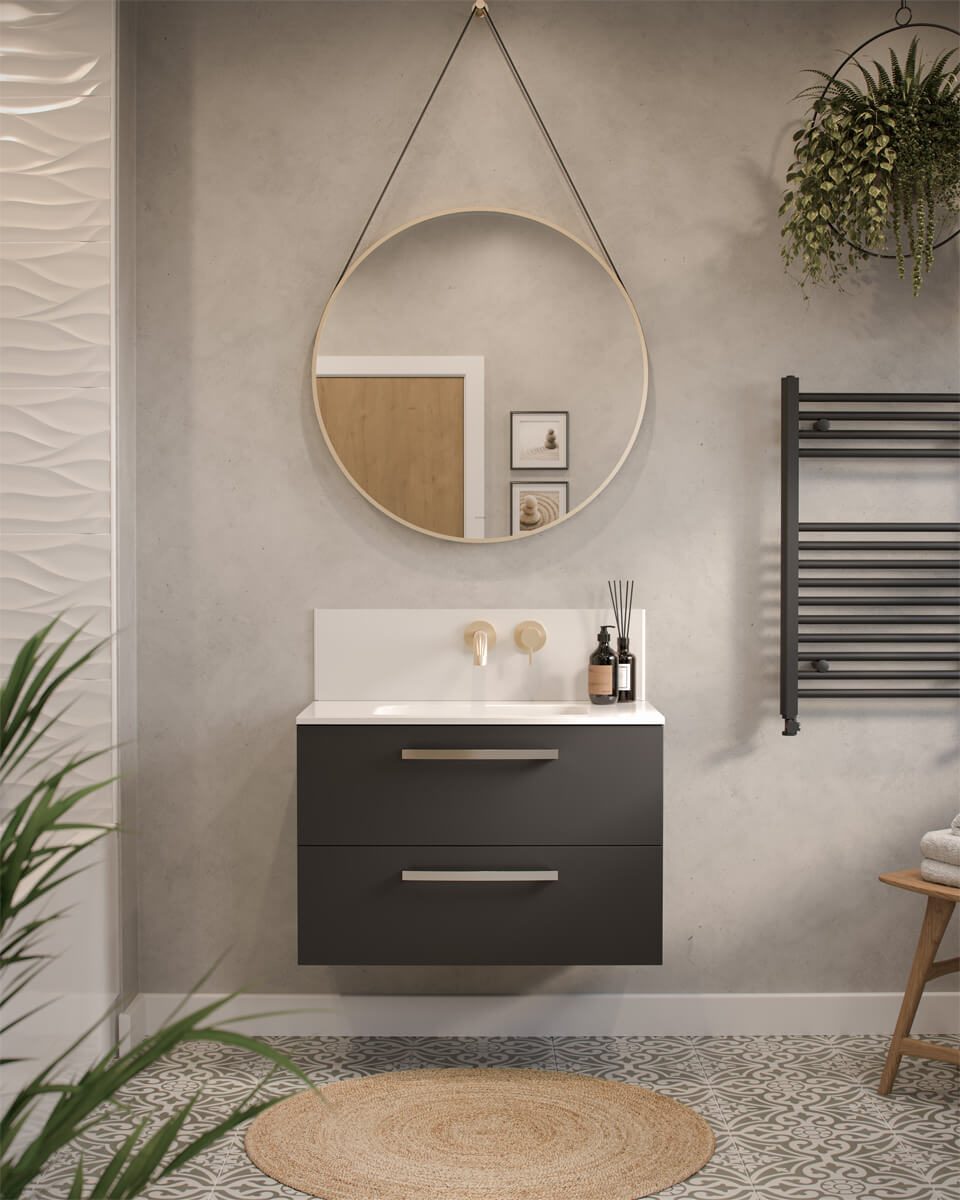 Aqua Edition Halo Round Illuminated LED Mirror with Black Leather Strap and Knob - Tuskan Tiles