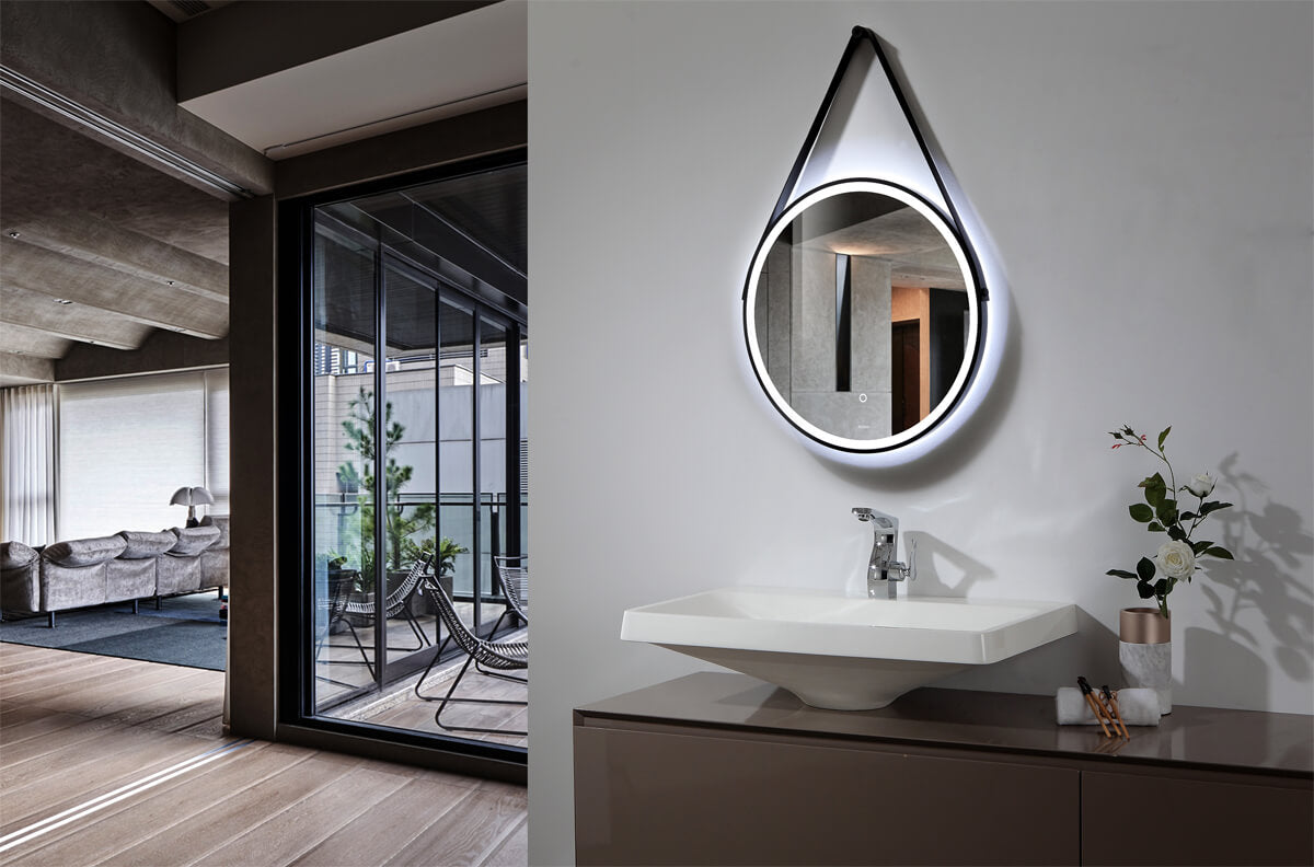 Aqua Edition Halo Round Illuminated LED Mirror with Black Leather Strap and Knob - Tuskan Tiles