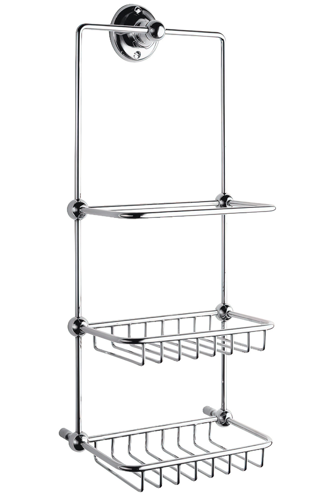 Tuskan Tiles Bayswater traditional chrome shower tidy mounted on tiled bathroom wall with shower accessories.