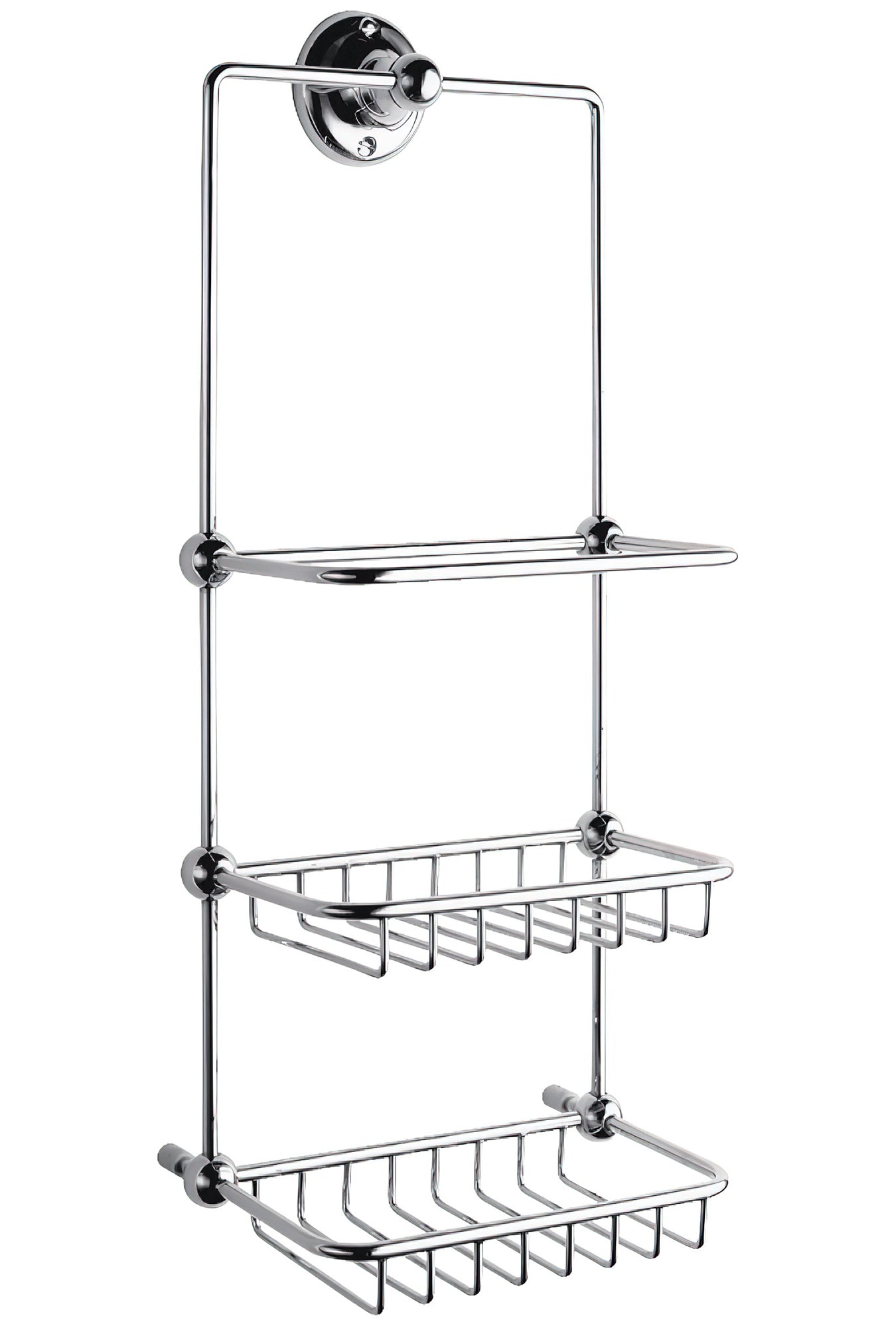 Tuskan Tiles Bayswater traditional chrome shower tidy mounted on tiled bathroom wall with shower accessories.