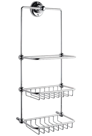 Tuskan Tiles Bayswater traditional chrome shower tidy mounted on tiled bathroom wall with shower accessories.