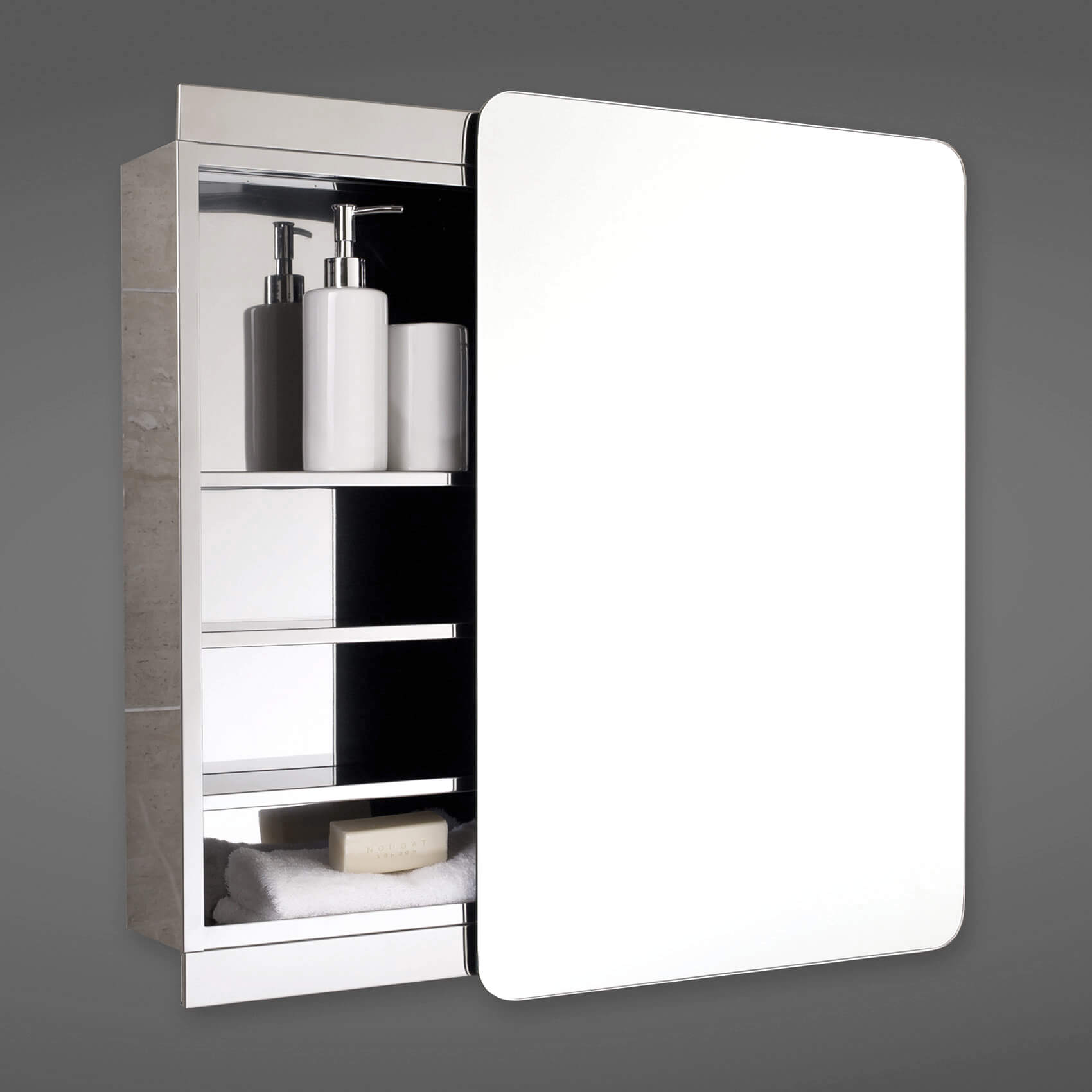 RAK Slide Stainless Steel Mirror Cabinet - 1 Door - 500 x 700mm - Tuskan Tiles