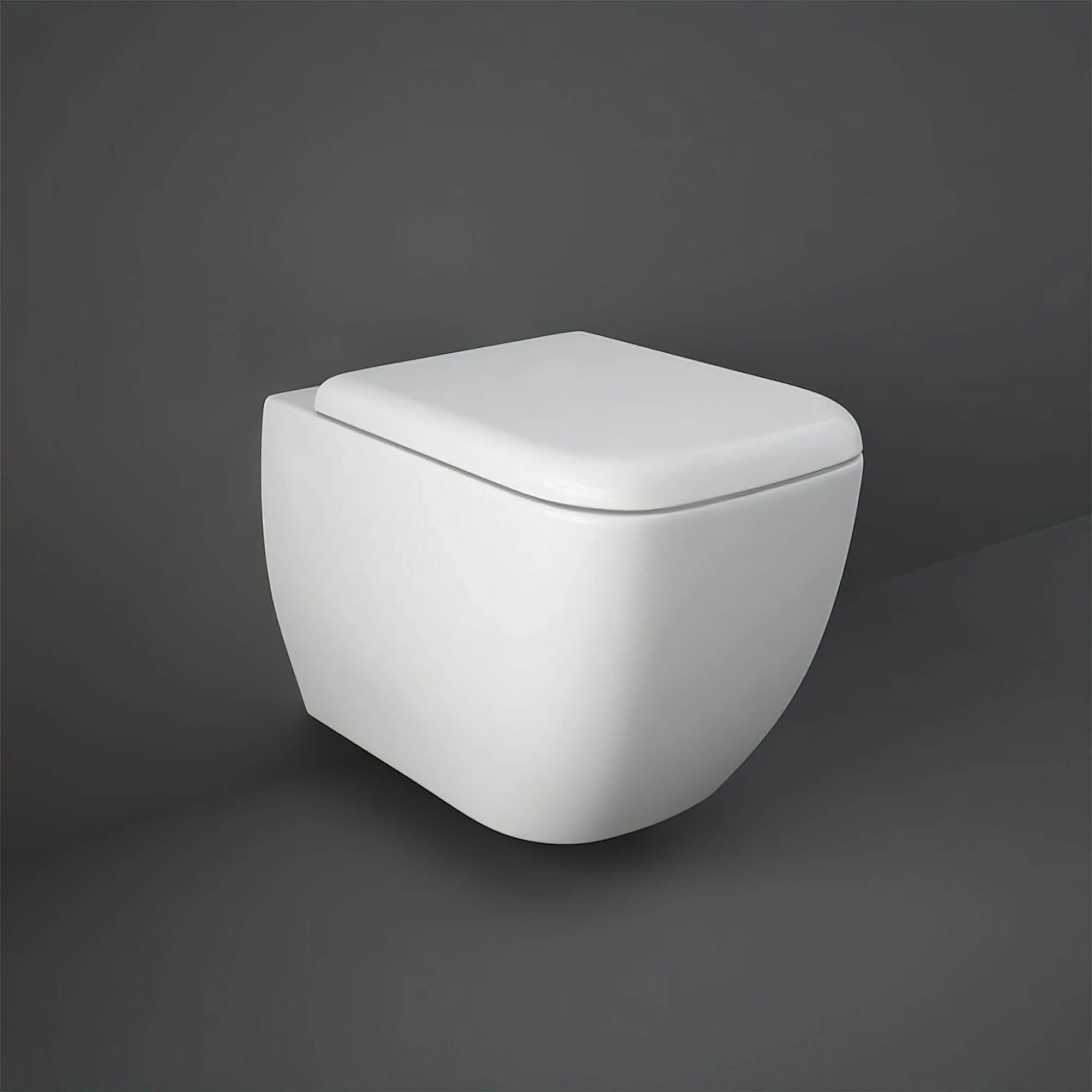 Wall hung RAK Metropolitan square toilet with soft close seat, 337x525mm, in white ceramic, sleek modern bathroom fixture