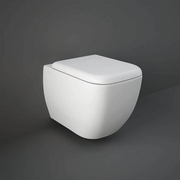 Wall hung RAK Metropolitan square toilet with soft close seat, 337x525mm, in white ceramic, sleek modern bathroom fixture