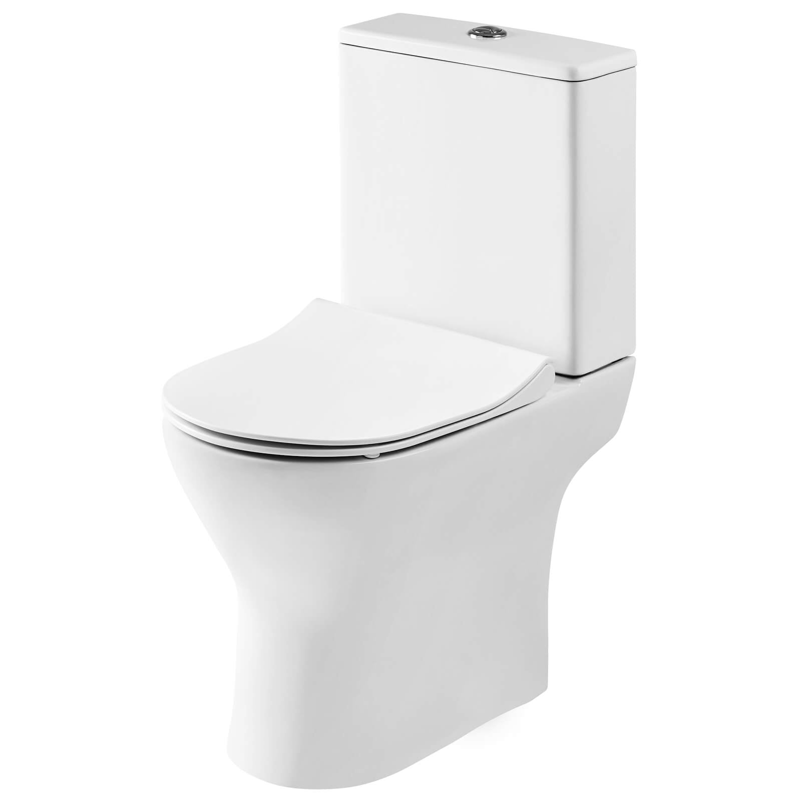 Nuie Freya compact WC pan with cistern and soft-close seat, open back design, measuring 375 x 610mm, in a modern bathroom setting.