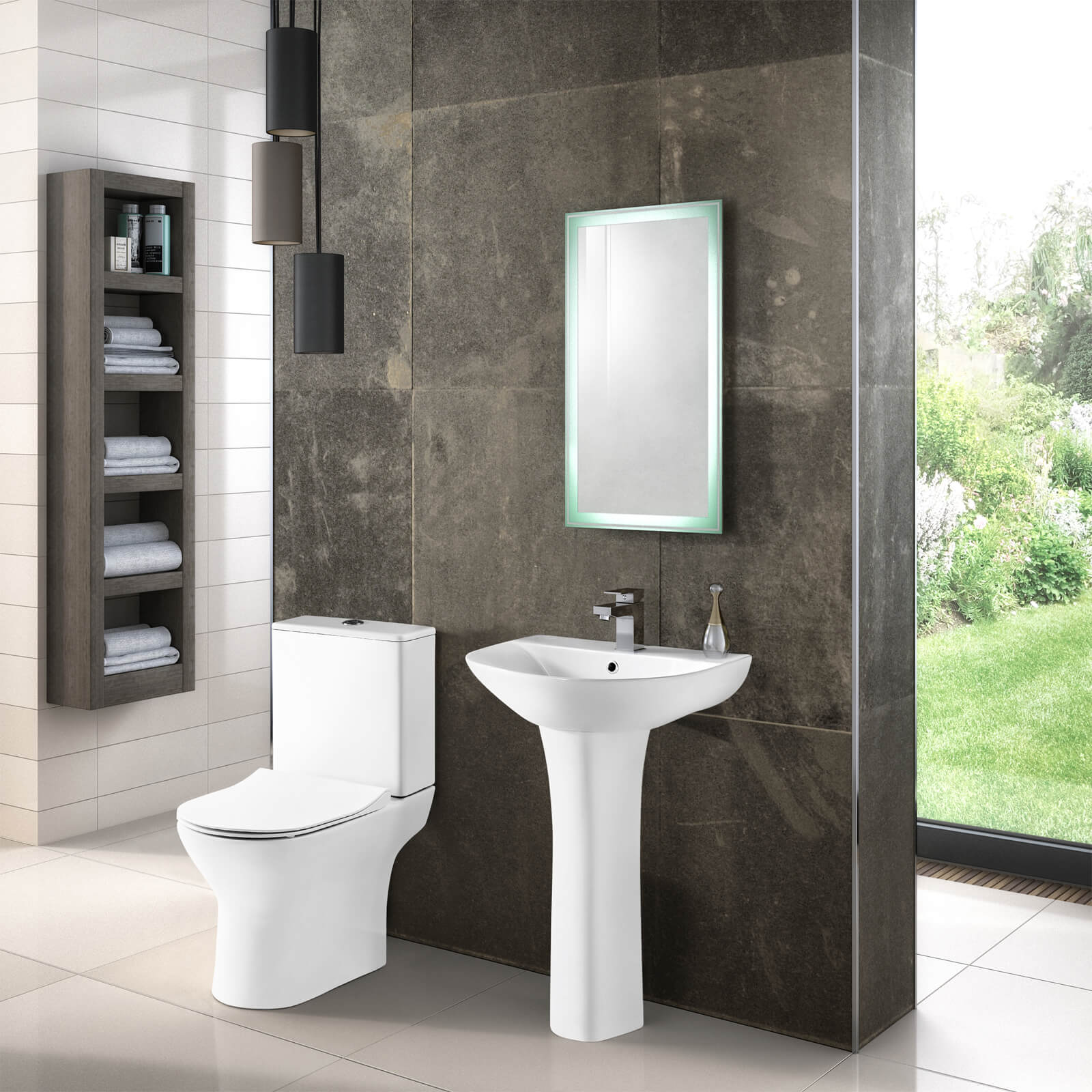 Nuie Freya compact WC pan with cistern and soft close seat, open back design, in a bathroom setting.