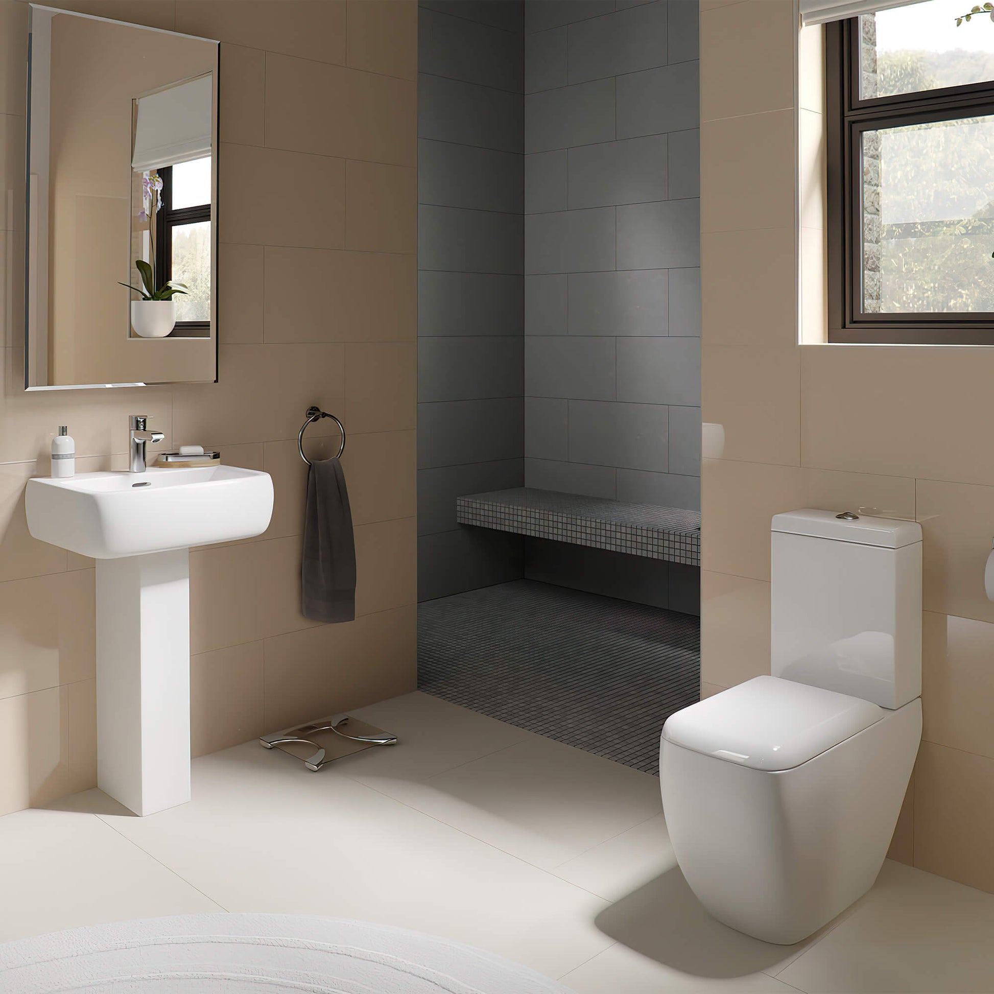 Tuskan Tiles RAK Metropolitan White Compact Cloakroom Suite with toilet and sink, modern design, compact size for small bathrooms.