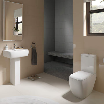 Tuskan Tiles RAK Metropolitan White Compact Cloakroom Suite with toilet and sink, modern design, compact size for small bathrooms.