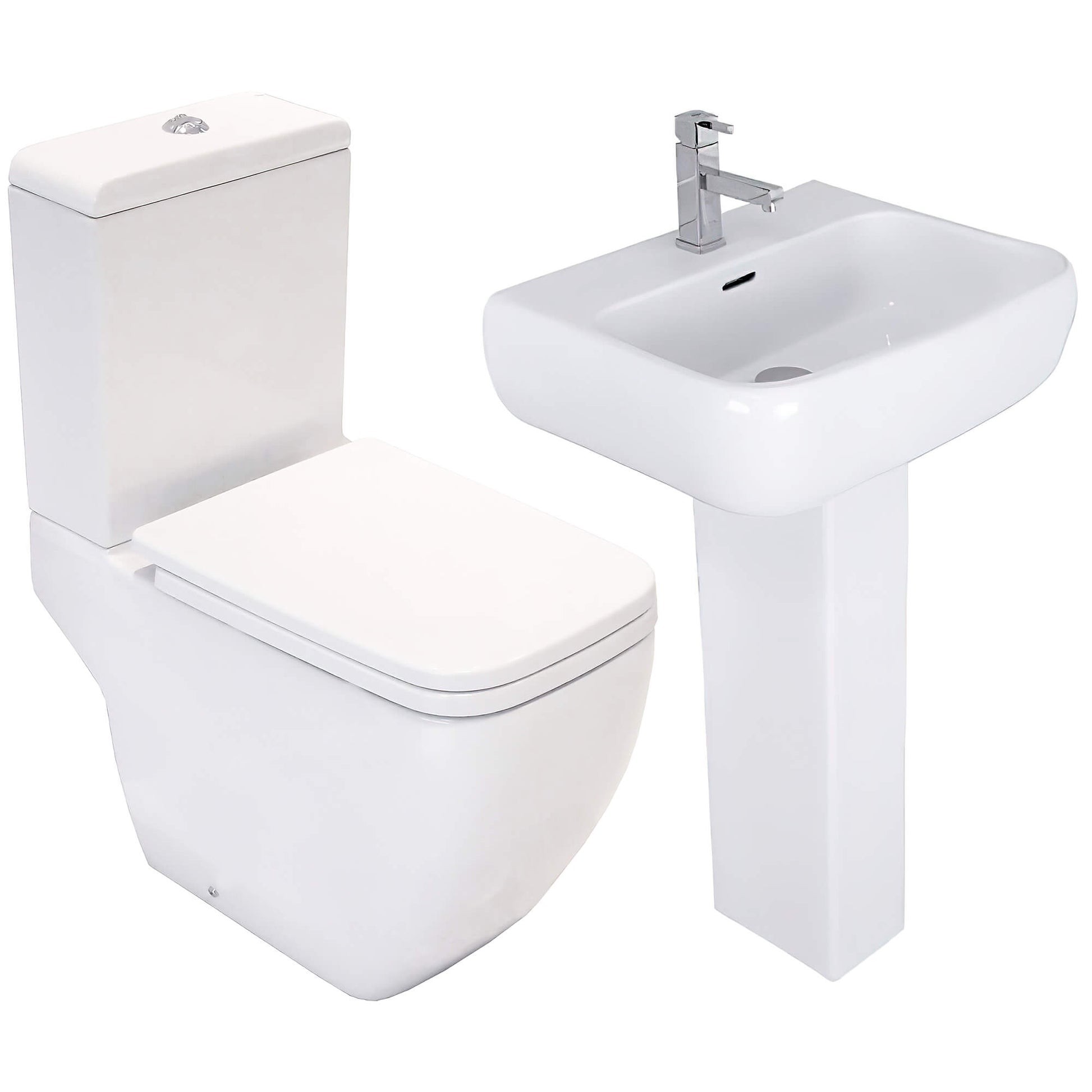 White compact cloakroom suite by Tuskan Tiles, includes basin, WC, and cabinetry for a modern bathroom setup.