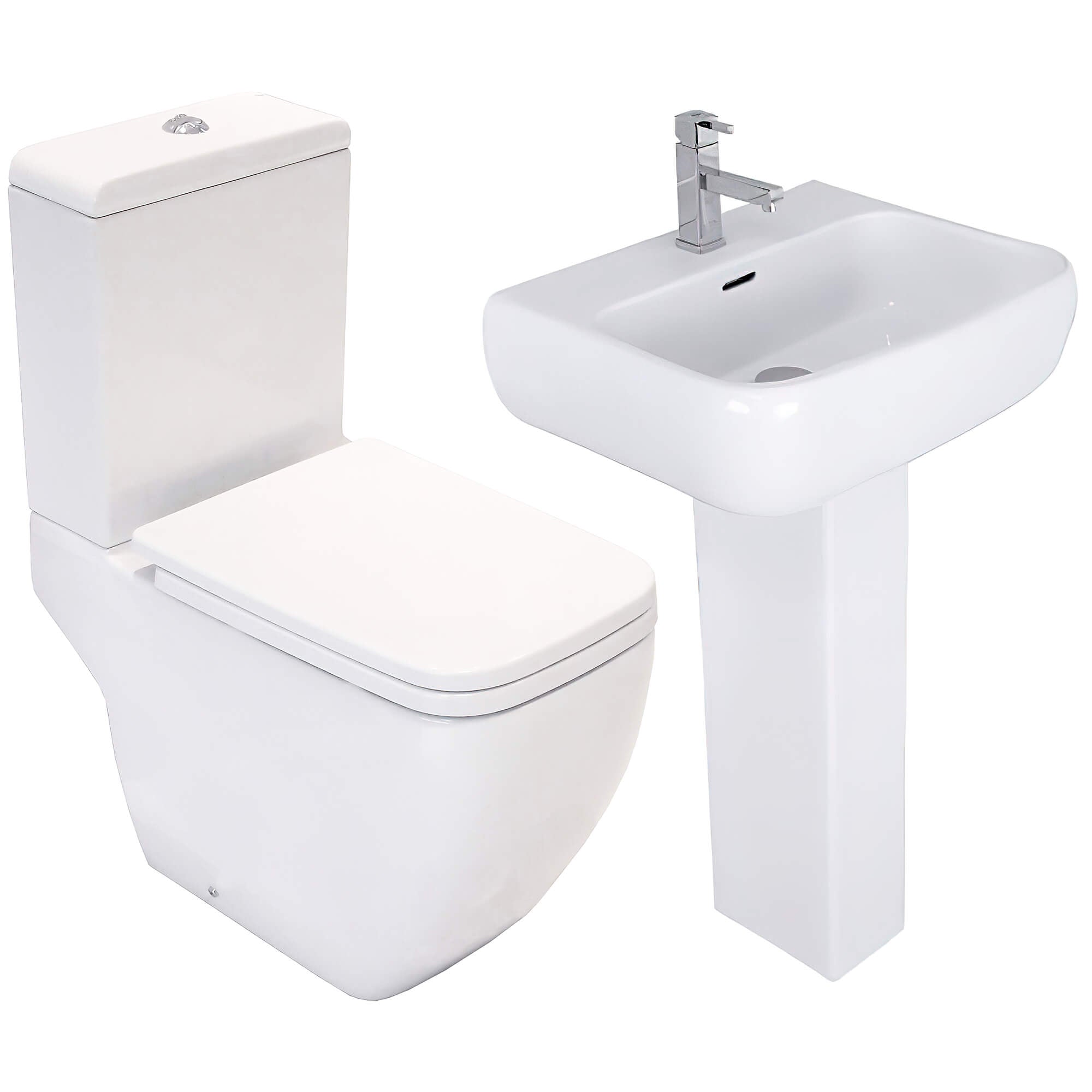 White compact cloakroom suite by Tuskan Tiles, includes basin, WC, and cabinetry for a modern bathroom setup.