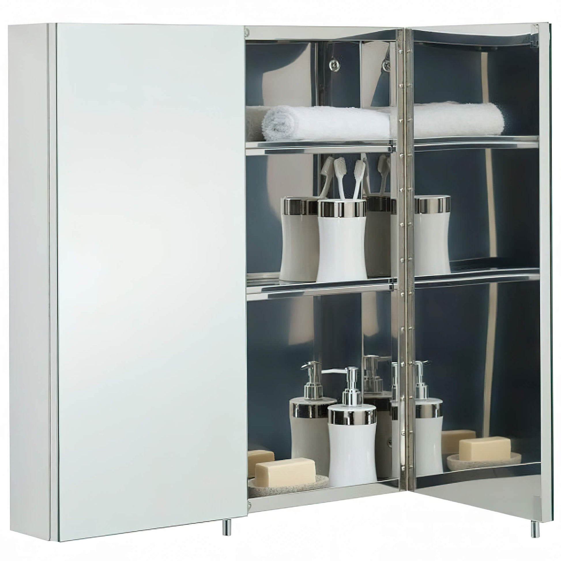 RAK Delta Stainless Steel Mirrored Cabinet with Pin Handles - 2 Door - 670 x 600mm - Tuskan Tiles