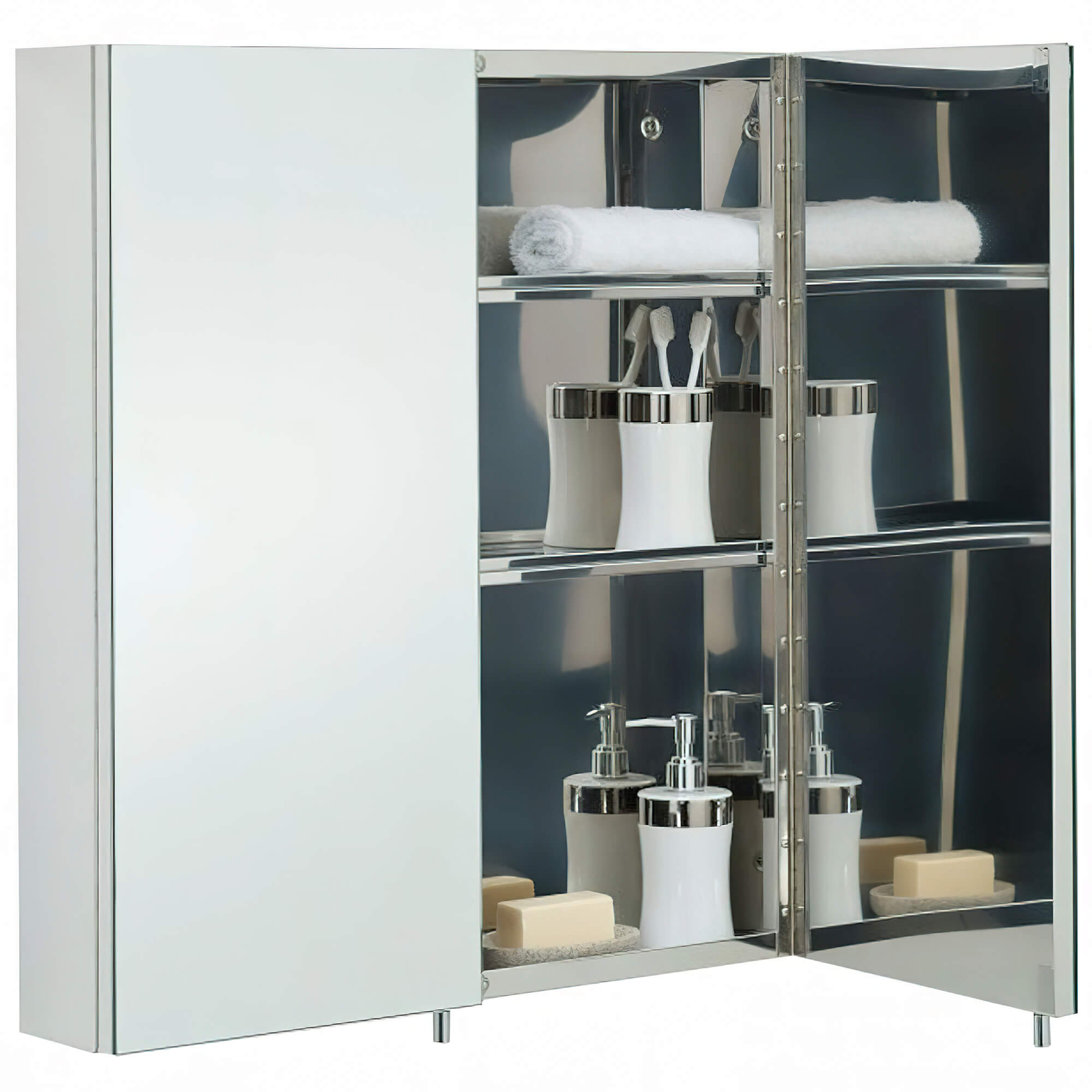 RAK Delta Stainless Steel Mirrored Cabinet with Pin Handles - 2 Door - 670 x 600mm - Tuskan Tiles