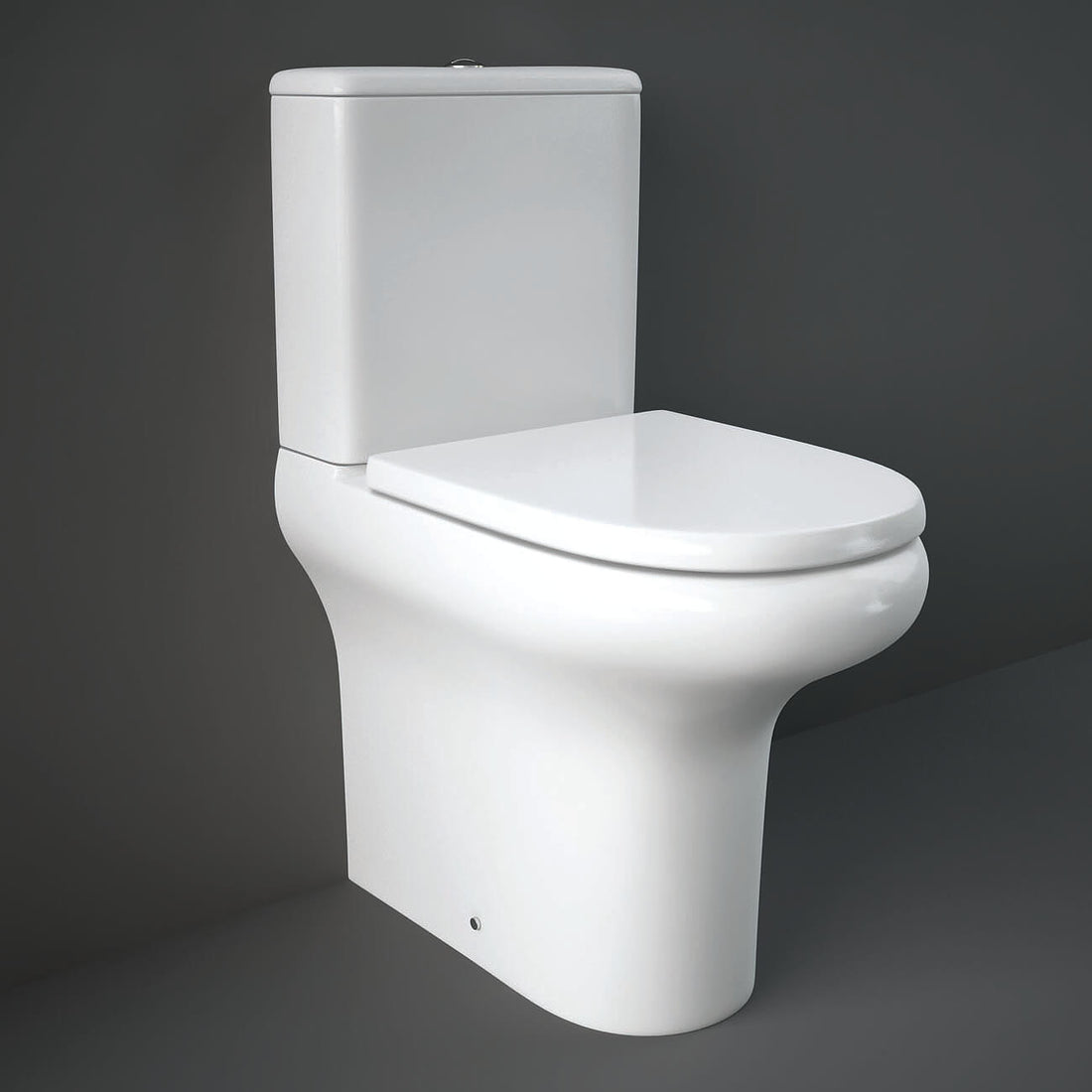 Tuskan Tiles RAK Compact Deluxe full access rimless close coupled toilet with cistern, 365 x 625mm, white ceramic bathroom fixture.