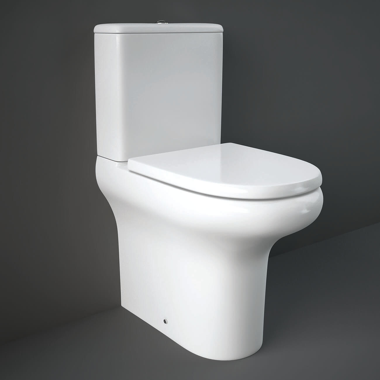Tuskan Tiles RAK Compact Deluxe full access rimless close coupled toilet with cistern, 365 x 625mm, white ceramic bathroom fixture.