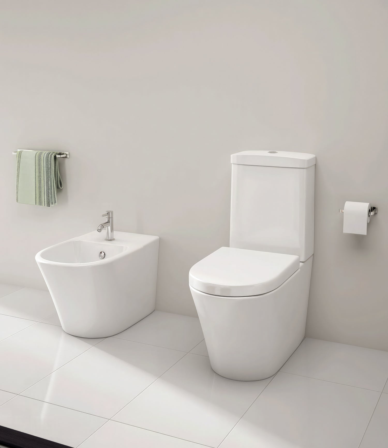 White IMEX Arco contemporary back-to-wall bidet by Tuskan Tiles, 550mm projection, shown with sleek modern design.
