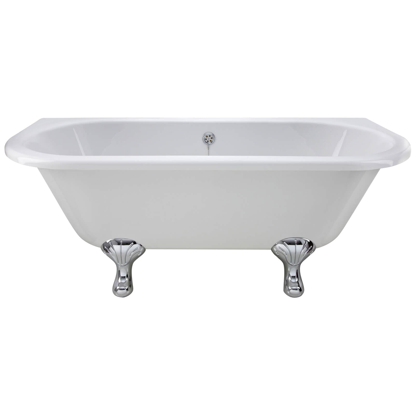 Traditional back-to-wall roll top bath by Hudson Reed, acrylic material, 1700x750mm with legs, suitable for classic bathrooms.