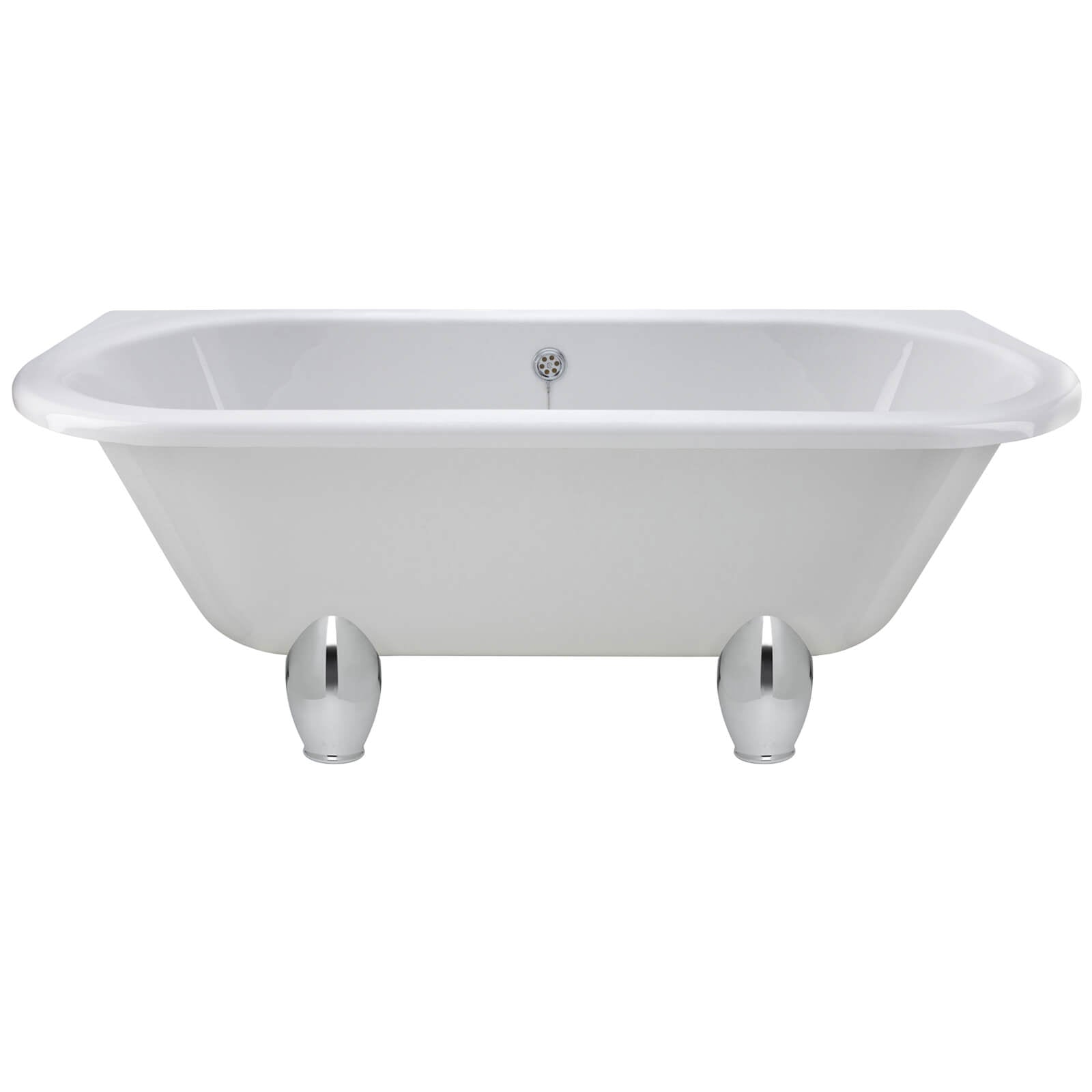Traditional acrylic Kenton back-to-wall roll top bath with legs, 1700x750mm, showcasing its classic design and smooth surface.