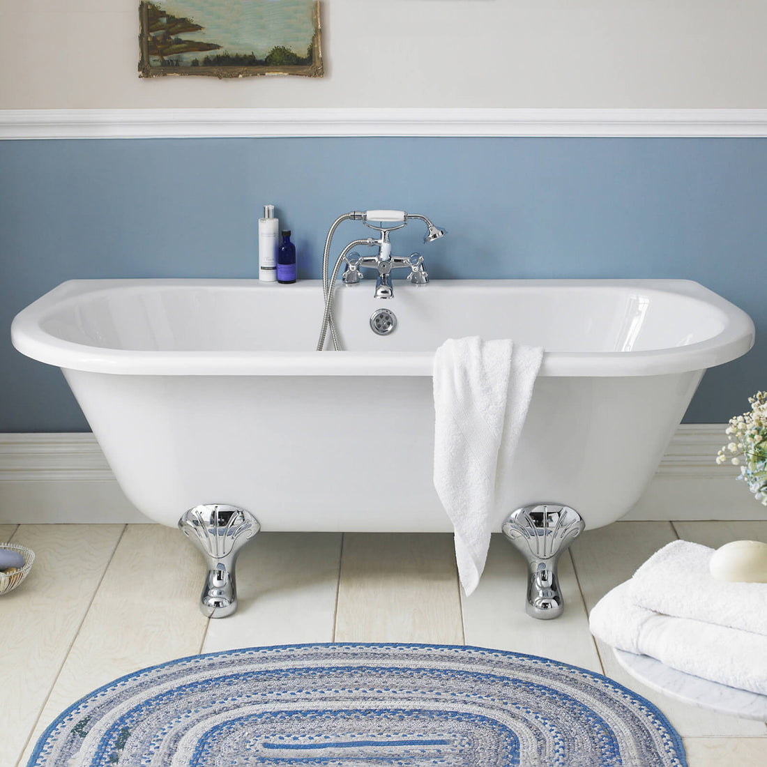Acrylic Kenton traditional back to wall roll top bath with legs, 1700x750mm, showcasing its classic design and smooth surface.