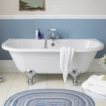 Acrylic Kenton traditional back to wall roll top bath with legs, 1700x750mm, showcasing its classic design and smooth surface.