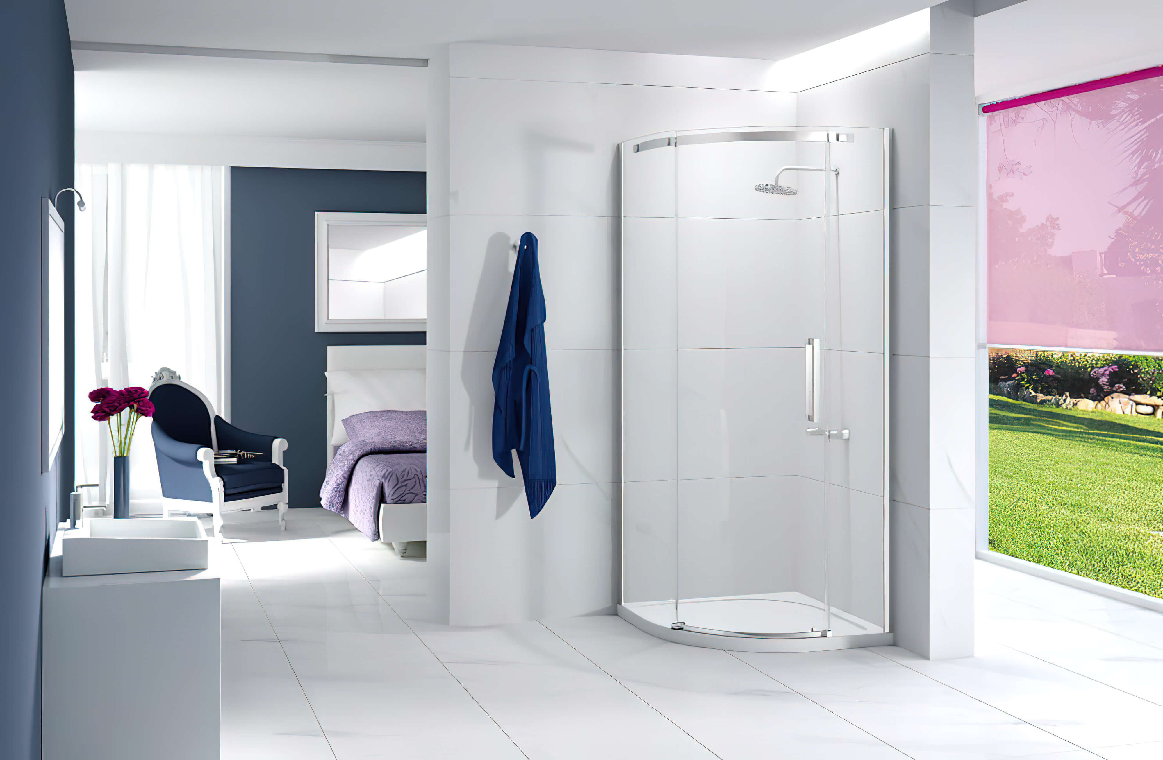 Merlyn Ionic Essence semi-frameless sliding quadrant shower enclosure, 900x900mm, with clear glass panels and chrome frame.
