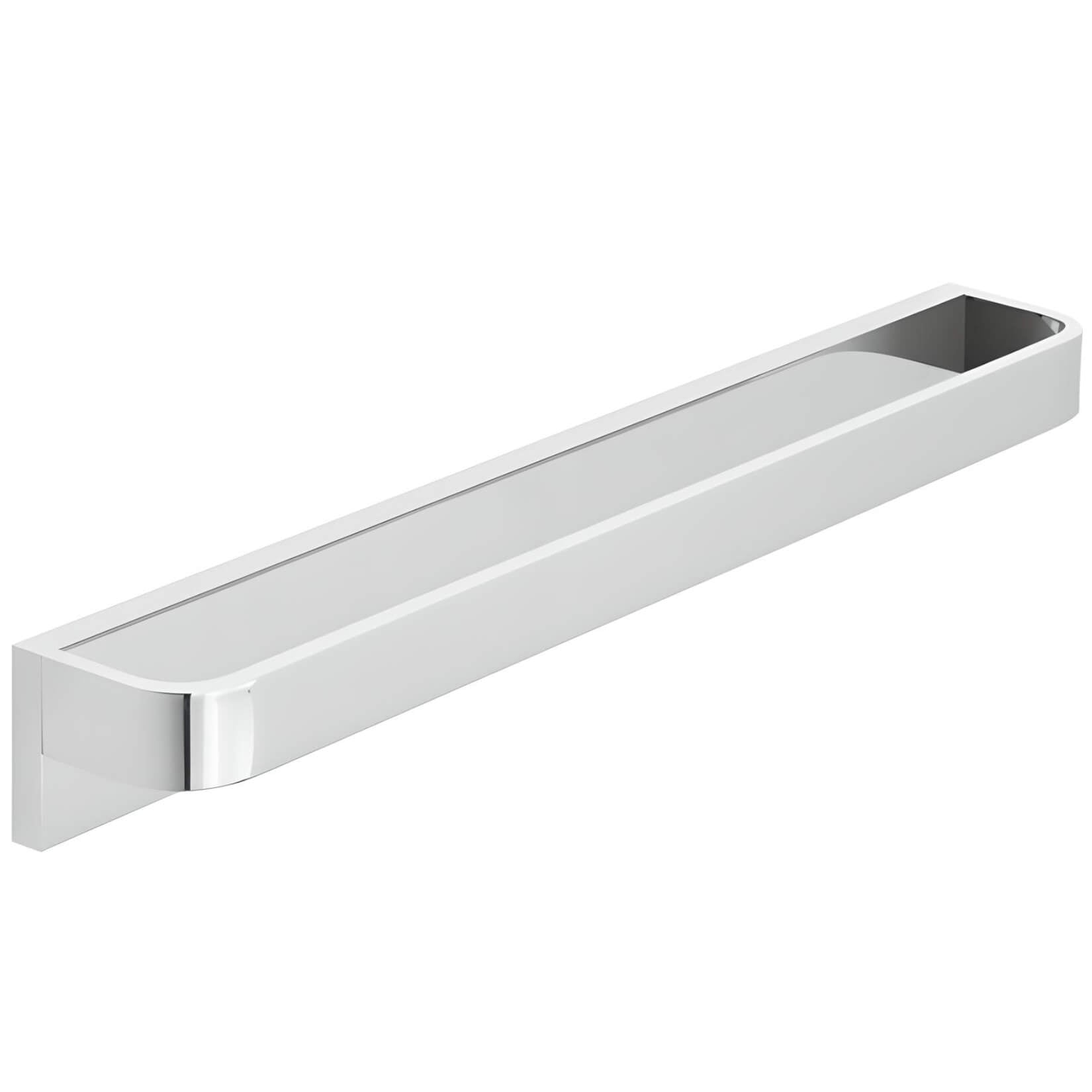 Chrome Vado Omika towel rail from Tuskan Tiles, mounted on the wall with multiple horizontal bars for towels.