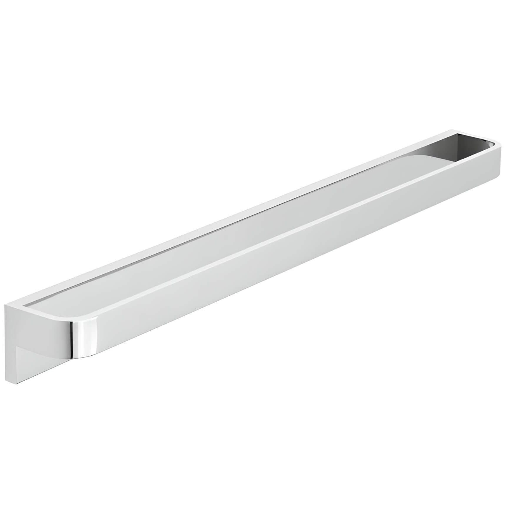 Chrome Vado Omika towel rail mounted on a bathroom wall, showcasing sleek modern design and polished finish.
