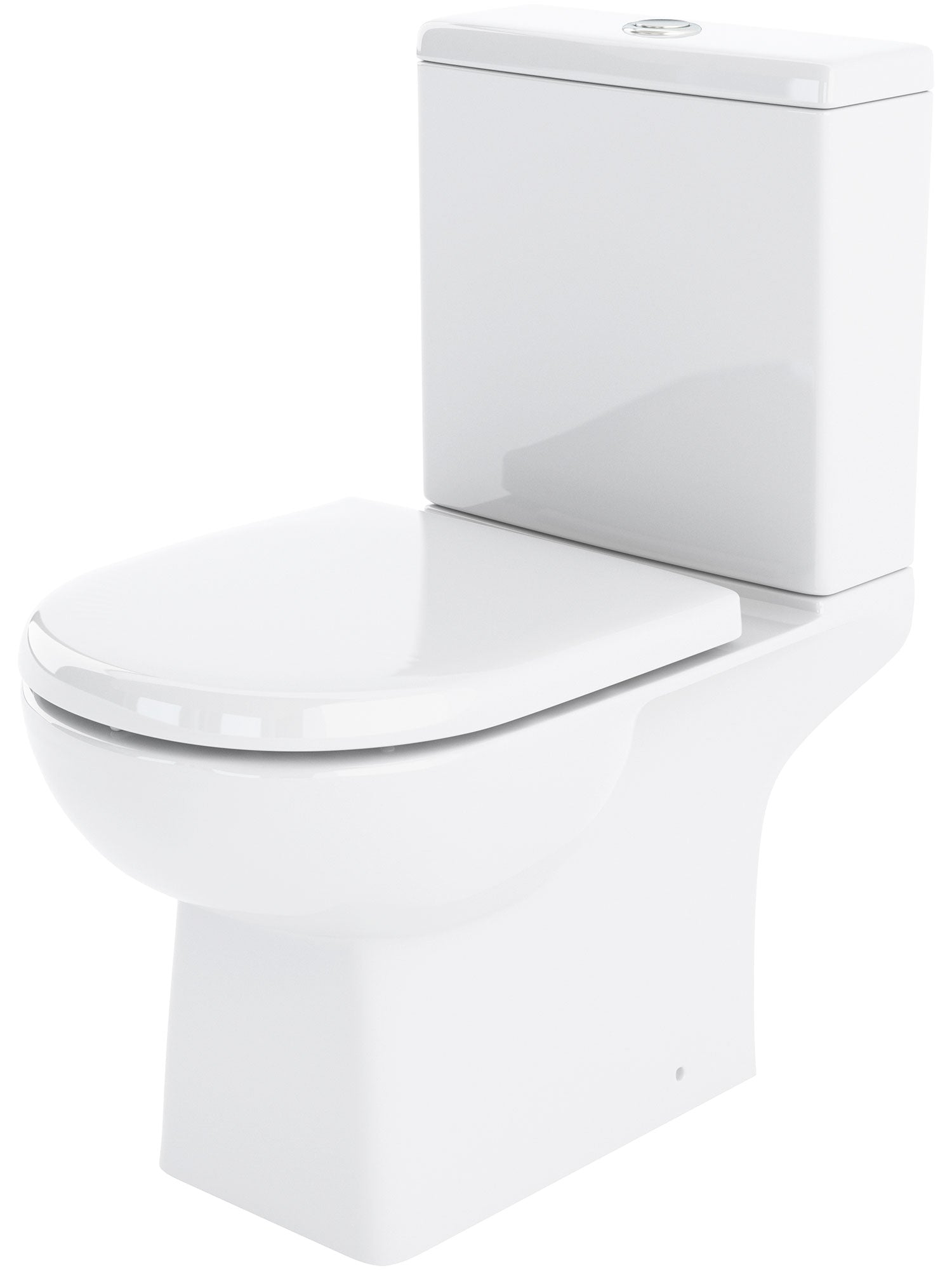 White Nuie Asselby close coupled WC pan with open back and cistern, measuring 410x670mm, shown in a bathroom setting