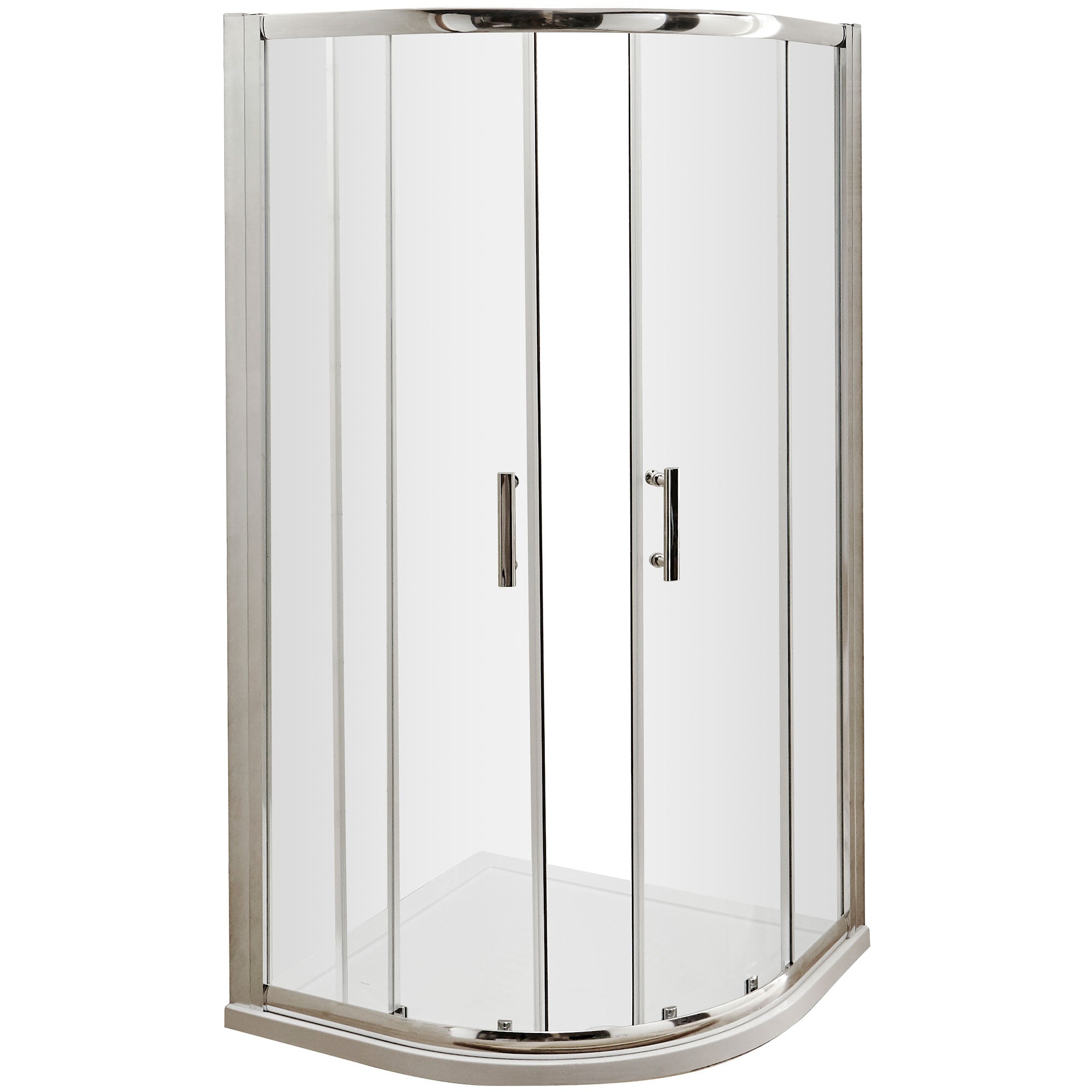 Nuie Pacific sliding quadrant shower enclosure with two doors, polished chrome finish, reversible design, by Tuskan Tiles