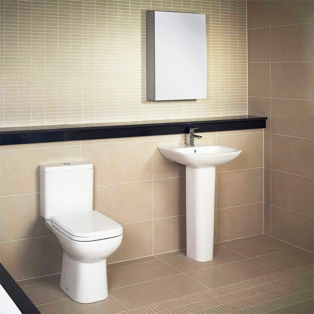 White RAK Origin-62 contemporary 4-piece suite by Tuskan Tiles, featuring modern design and clean lines for stylish interiors.