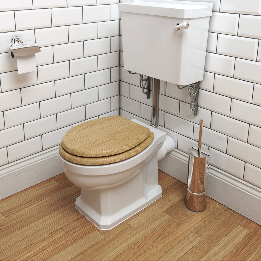 White low level WC pan with cistern and flush pipe kit, traditional design, 520x525mm, by Tuskan Tiles.