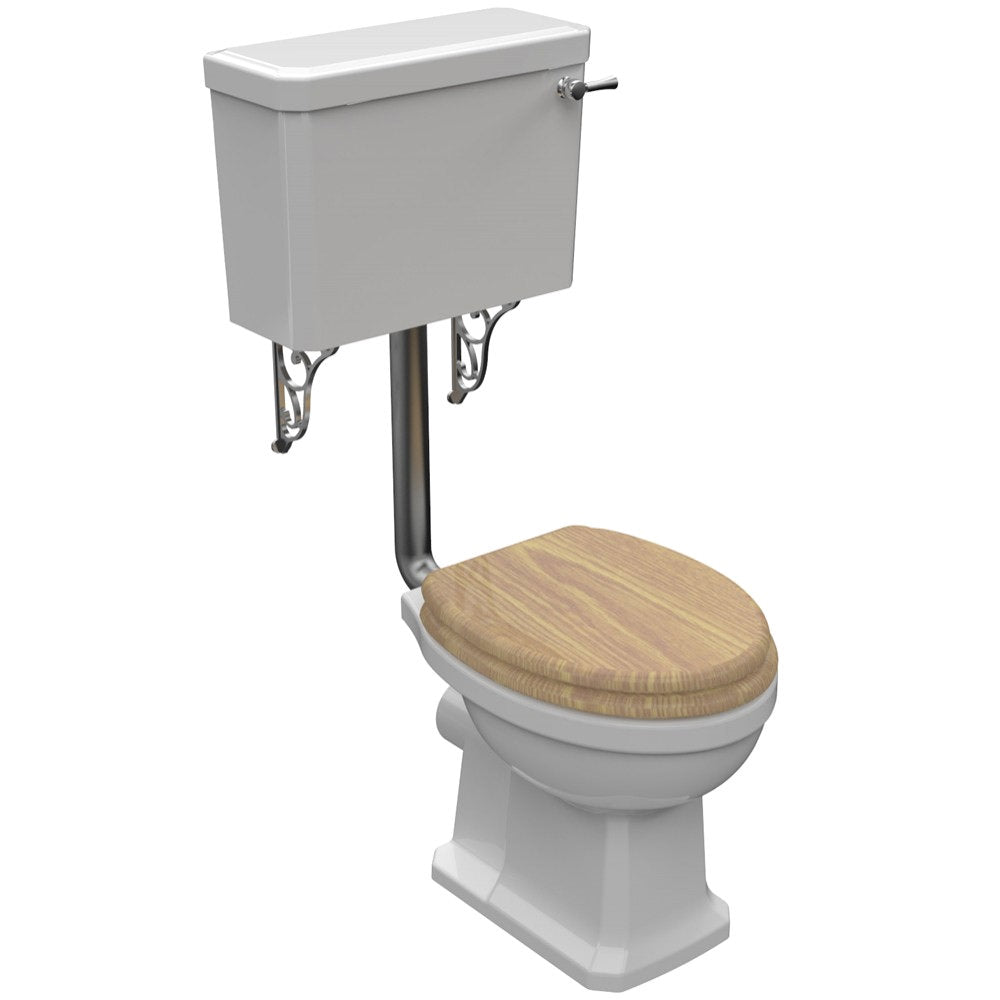 White low-level WC pan with cistern and flush pipe, traditional design, measuring 520x525mm, by Tuskan Tiles.
