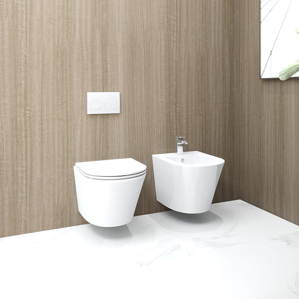 White wall-hung WC pan by Tuskan Tiles, IMEX Arco model, with fixing, measuring 360 x 520mm, shown in the image.