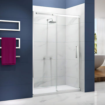 Tuskan Tiles Merlyn Ionic Essence frameless sliding shower door with handles, reversible, shown in a modern bathroom setting.