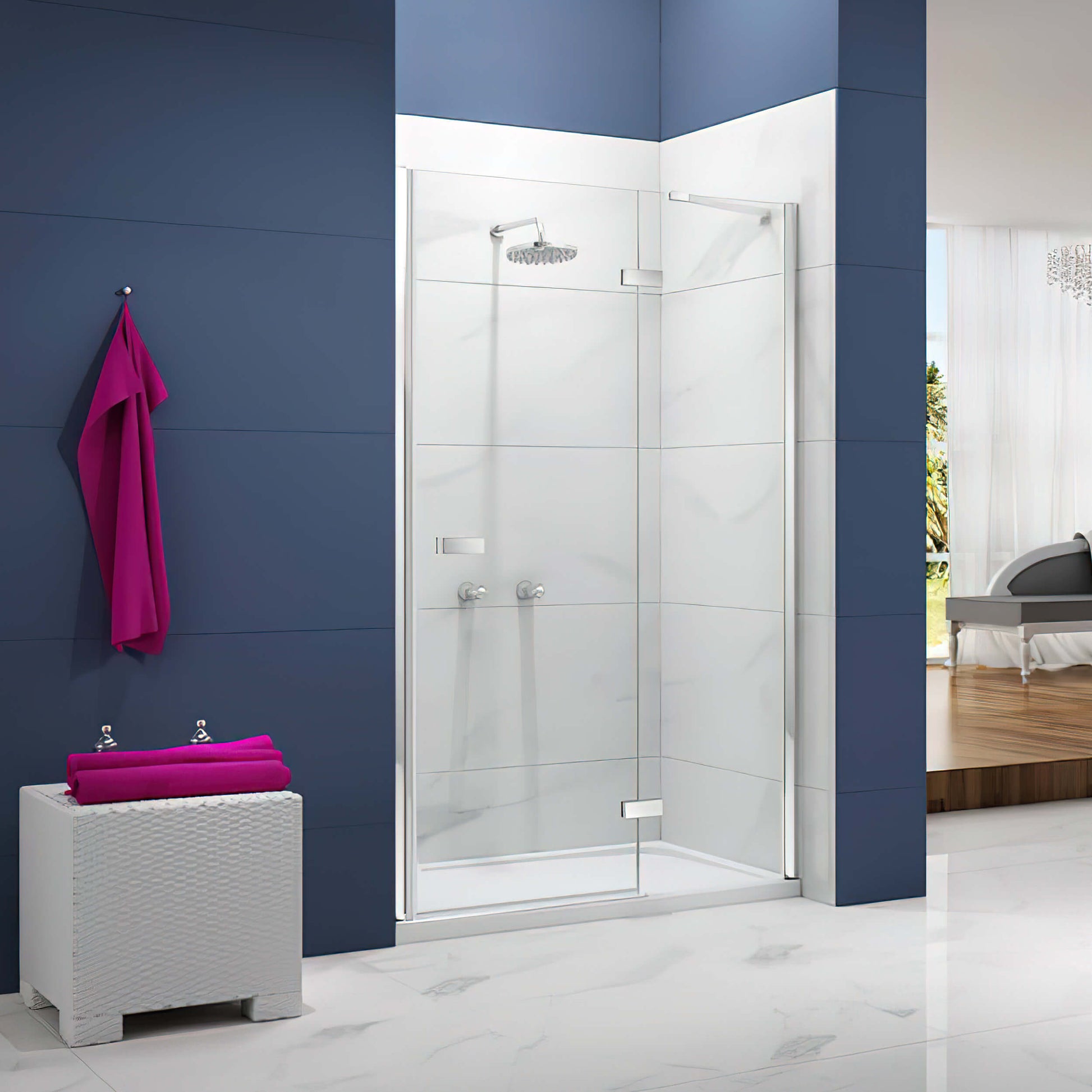 Merlyn Ionic Essence hinged frameless shower door with inline panel, reversible, featuring clear glass and polished chrome hardware