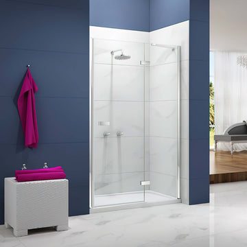 Merlyn Ionic Essence hinged frameless shower door with inline panel, reversible, featuring clear glass and polished chrome hardware