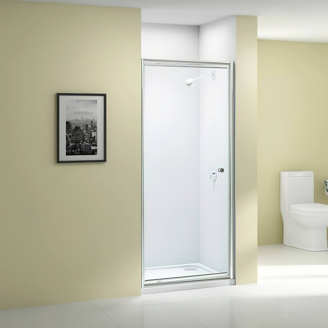 Chrome framed Merlyn Ionic Source pivot shower door with magnetic seals, shown in a modern bathroom setting.