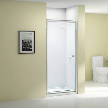 Chrome framed Merlyn Ionic Source pivot shower door with magnetic seals, shown in a modern bathroom setting.