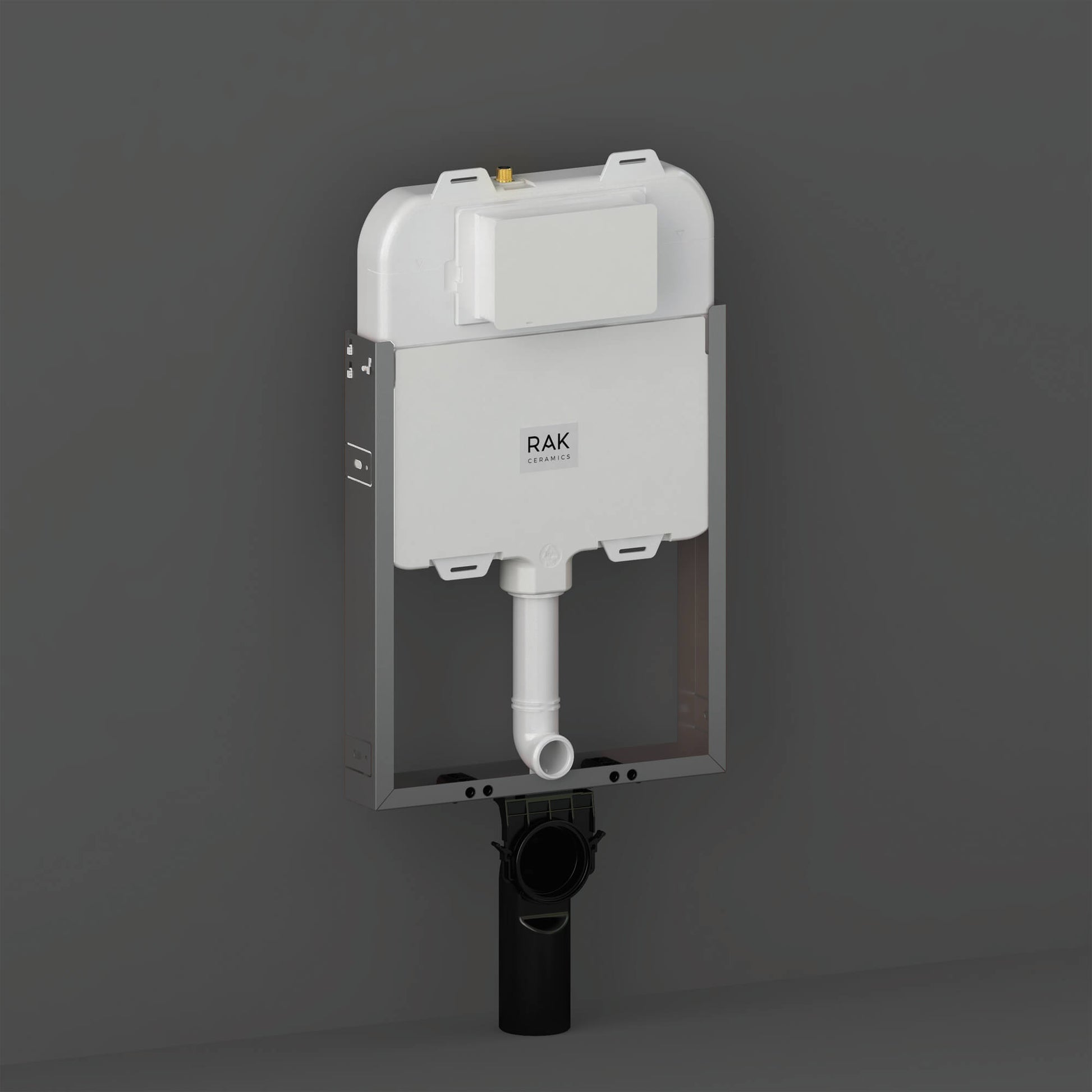 Metal slimline wall hung toilet frame with hidden cistern by Tuskan Tiles, shown with mounting and plumbing components.
