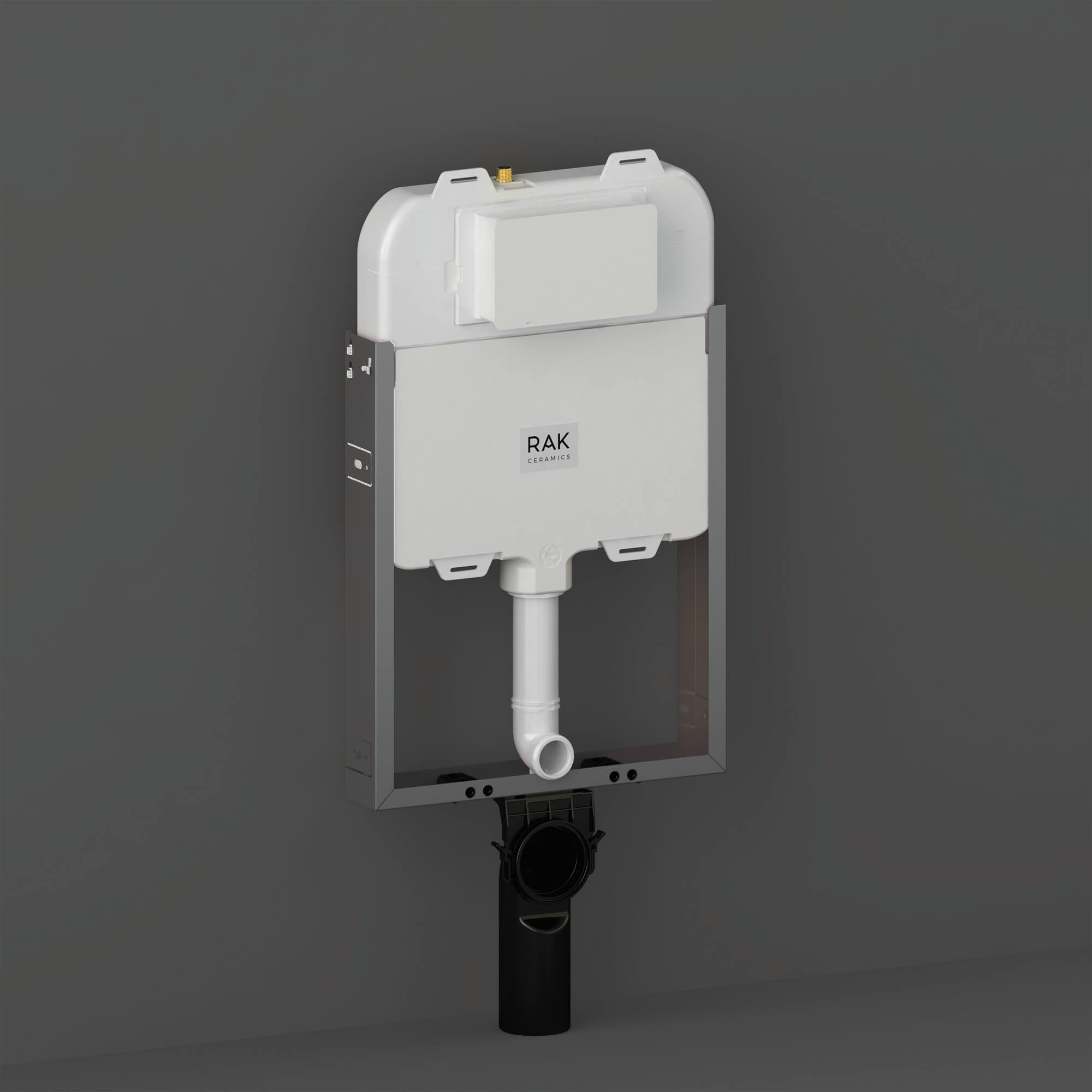 Metal slimline wall hung toilet frame with hidden cistern by Tuskan Tiles, shown with mounting and plumbing components.