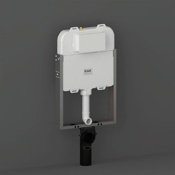 Metal slimline wall hung toilet frame with hidden cistern by Tuskan Tiles, shown with mounting and plumbing components.
