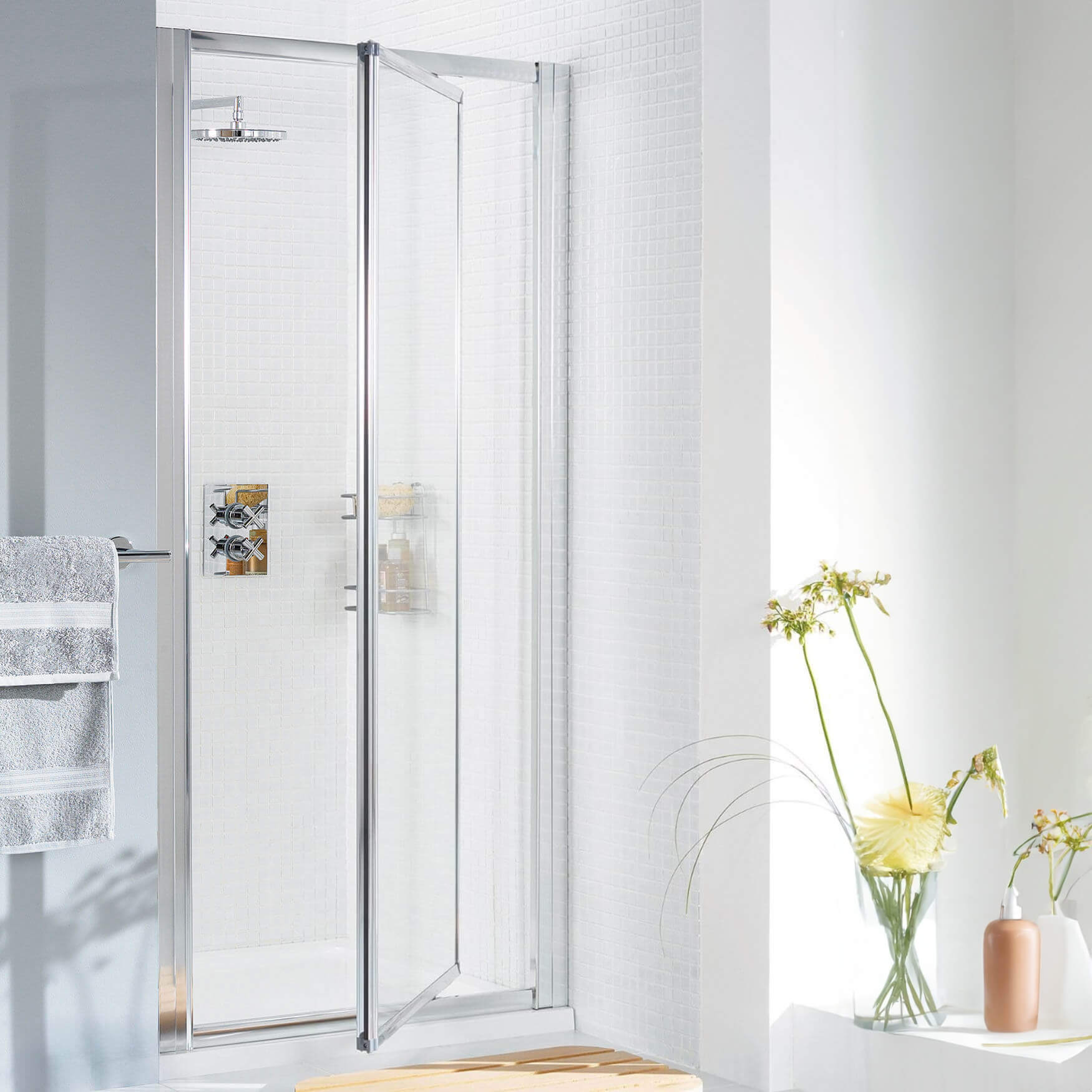 Lakes Classic Infold Pivot Shower Door - Reversible - Clear Glass - Aluminium Frame