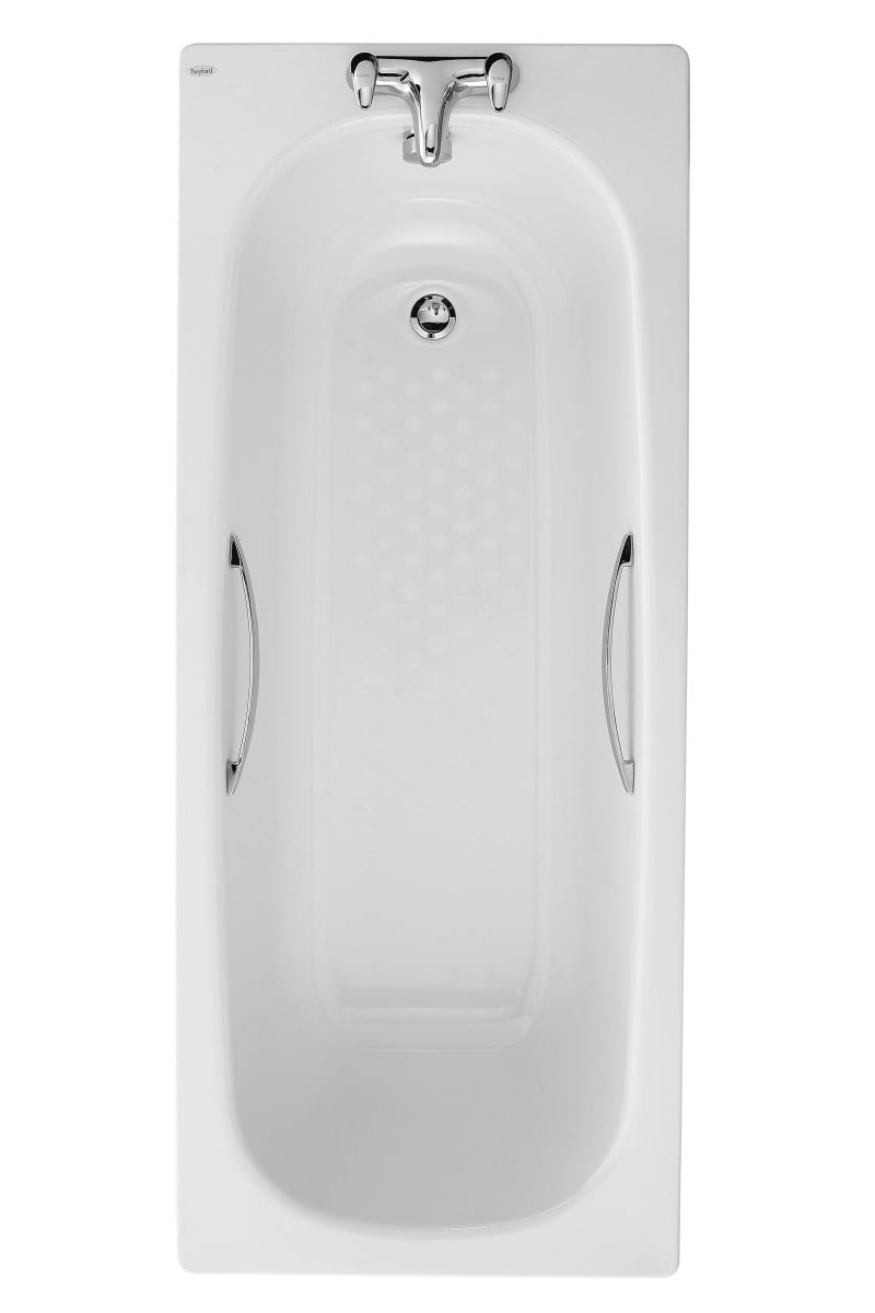 White single-ended steel bath with legs and grips, ideal for bathroom use, featuring a classic Twyford Celtic design.