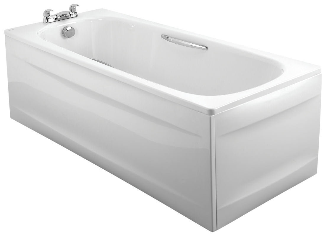 Twyford Celtic white steel single-ended bath with legs and grips, designed for comfortable and accessible bathing.