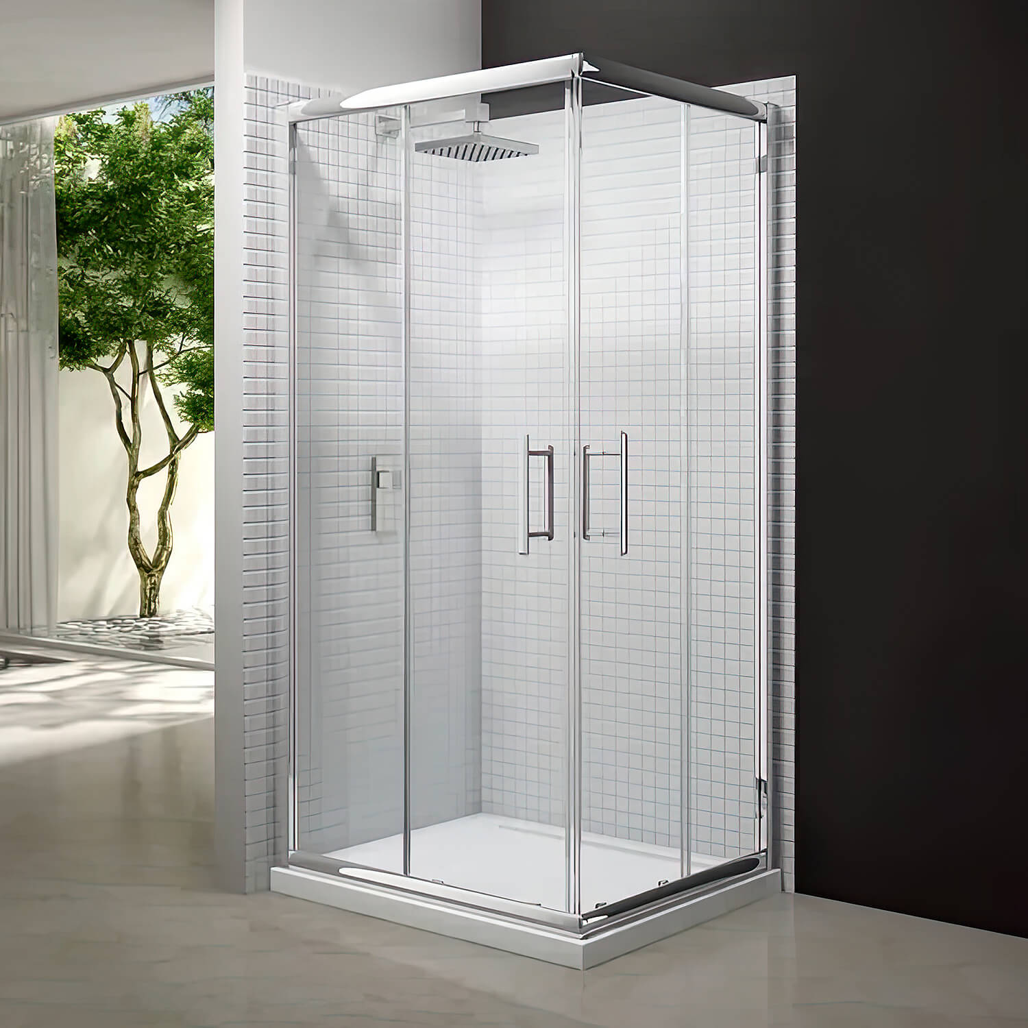 Tuskan Tiles Merlyn 6-Series sliding corner shower enclosure with two doors, aluminium frame, 800x800mm, showcased in the image.
