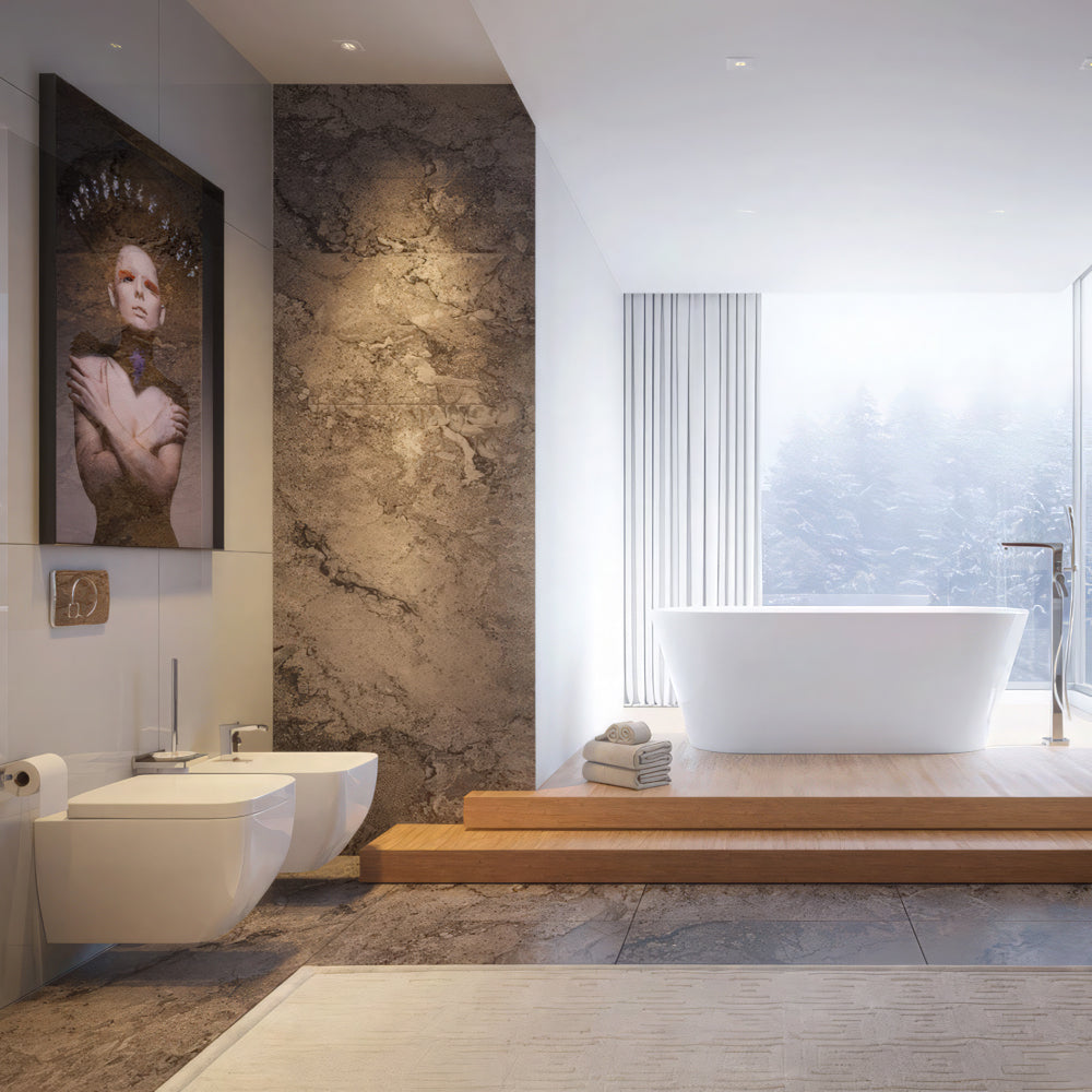 Square wall-mounted toilet by Tuskan Tiles, IMEX Essence model, with clean white ceramic finish and compact design.