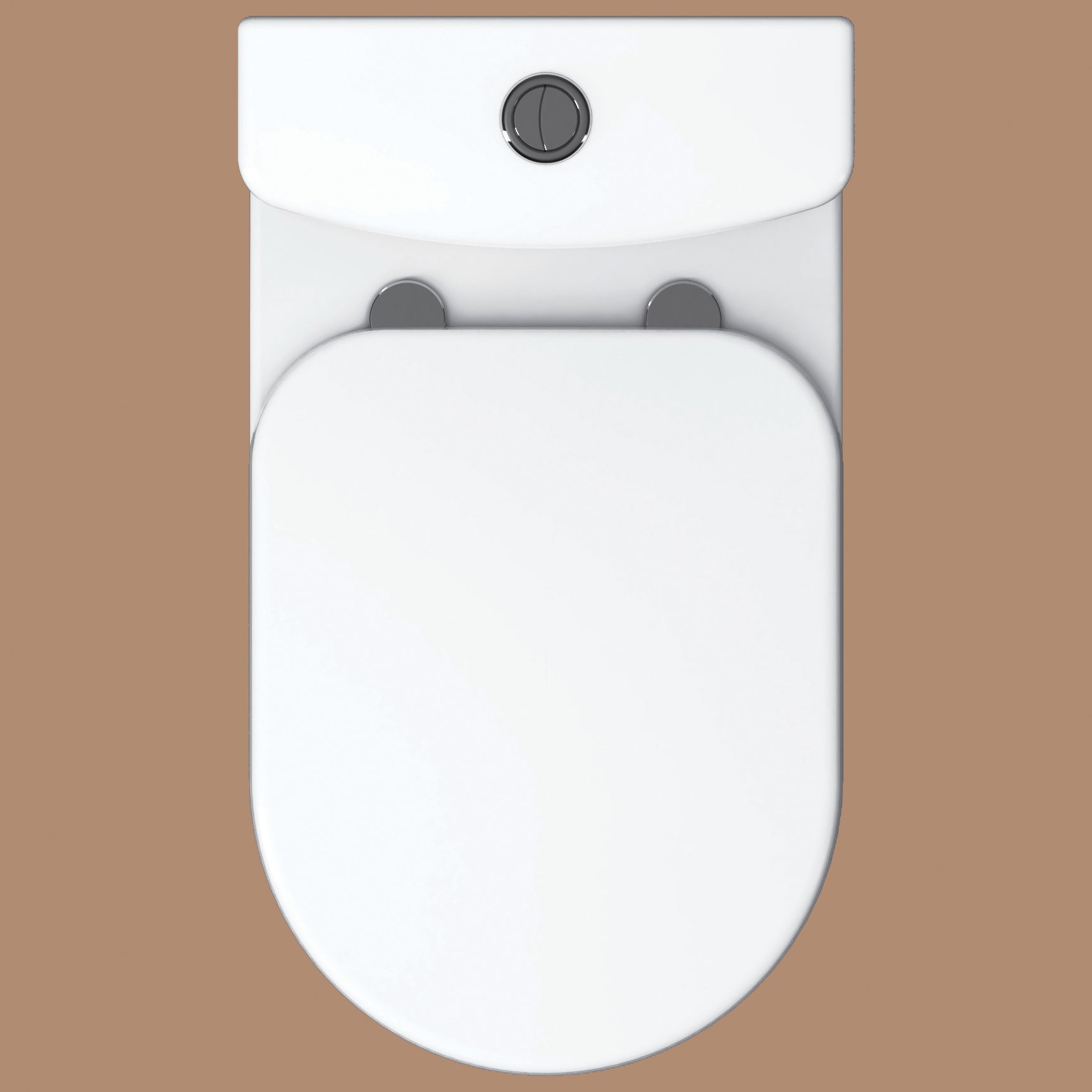 White compact close coupled WC with dual flush cistern by IMEX, measuring 355x610mm, ideal for modern bathrooms.