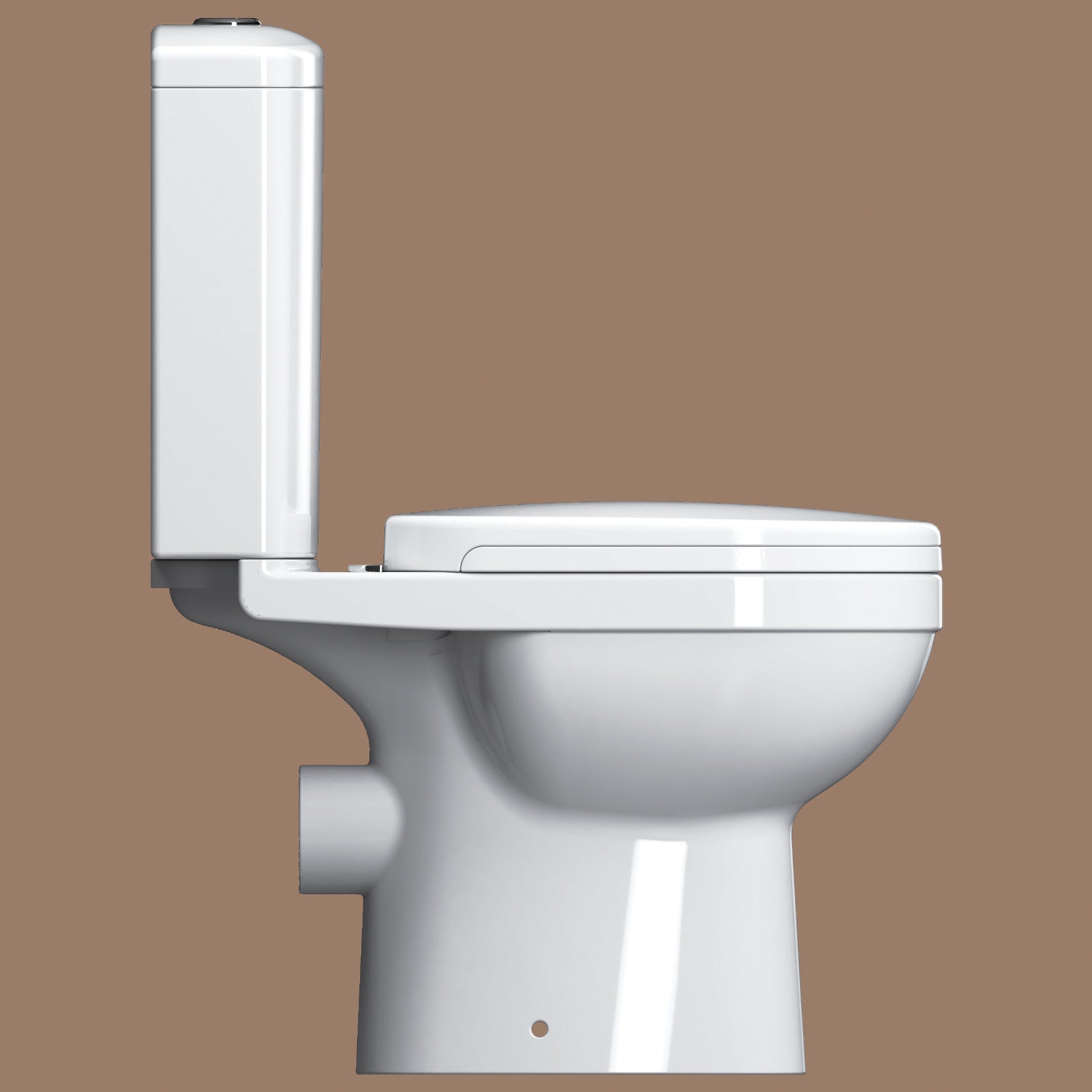 White compact close coupled WC with dual flush cistern, 355x610mm, from Tuskan Tiles, shown in a modern bathroom setting