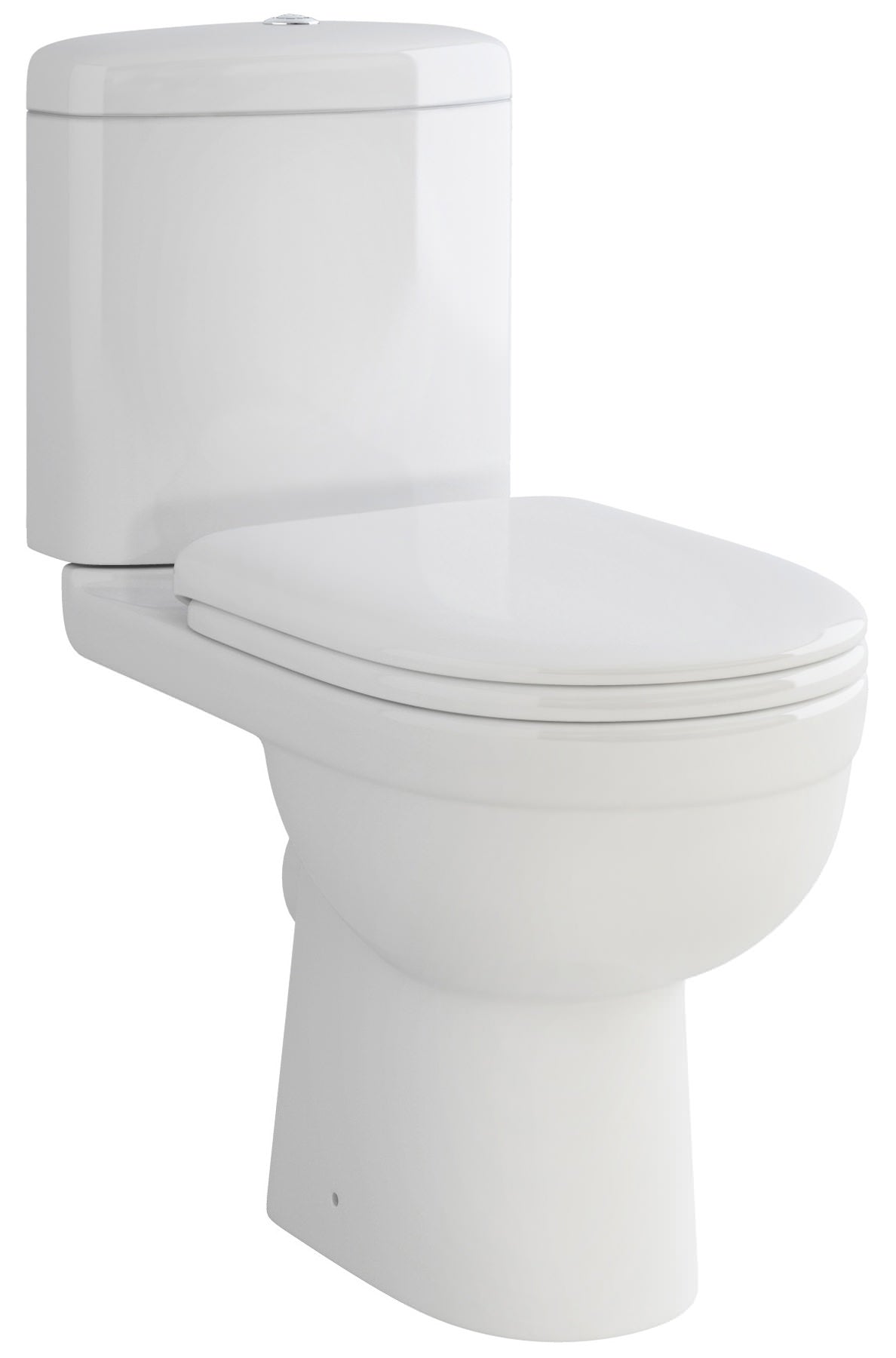 White compact close-coupled WC with dual flush cistern by Tuskan Tiles, measuring 355 x 610mm, shown in a bathroom setting.